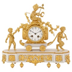 French 19th Century Louis XVI St. White Carrara Marble and Ormolu Clock