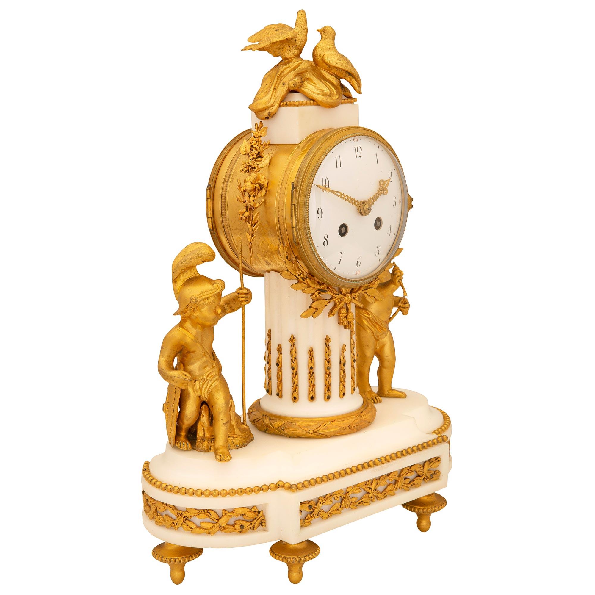 French 19th Century Louis XVI St. White Carrara Marble Clock In Good Condition For Sale In West Palm Beach, FL