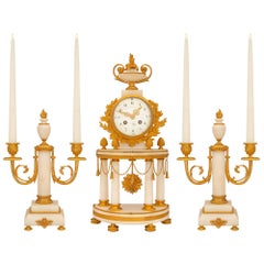 French 19th Century Louis XVI St. White Carrara Marble Garniture Clock Set