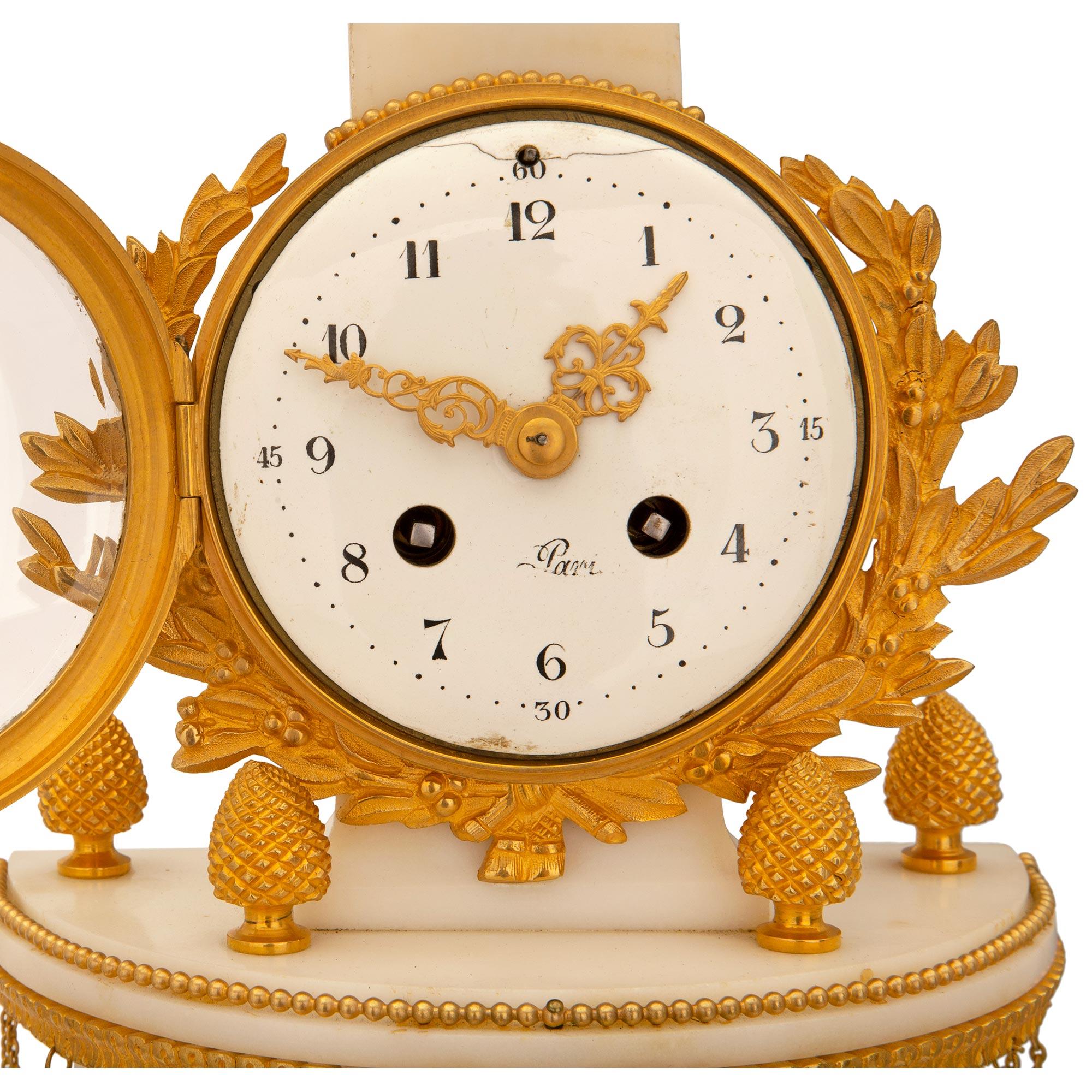 French 19th Century Louis XVI St. White Carrara Marble Garniture Clock Set For Sale 5