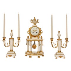 French 19th Century Louis XVI St. White Carrara Marble Garniture Clock Set