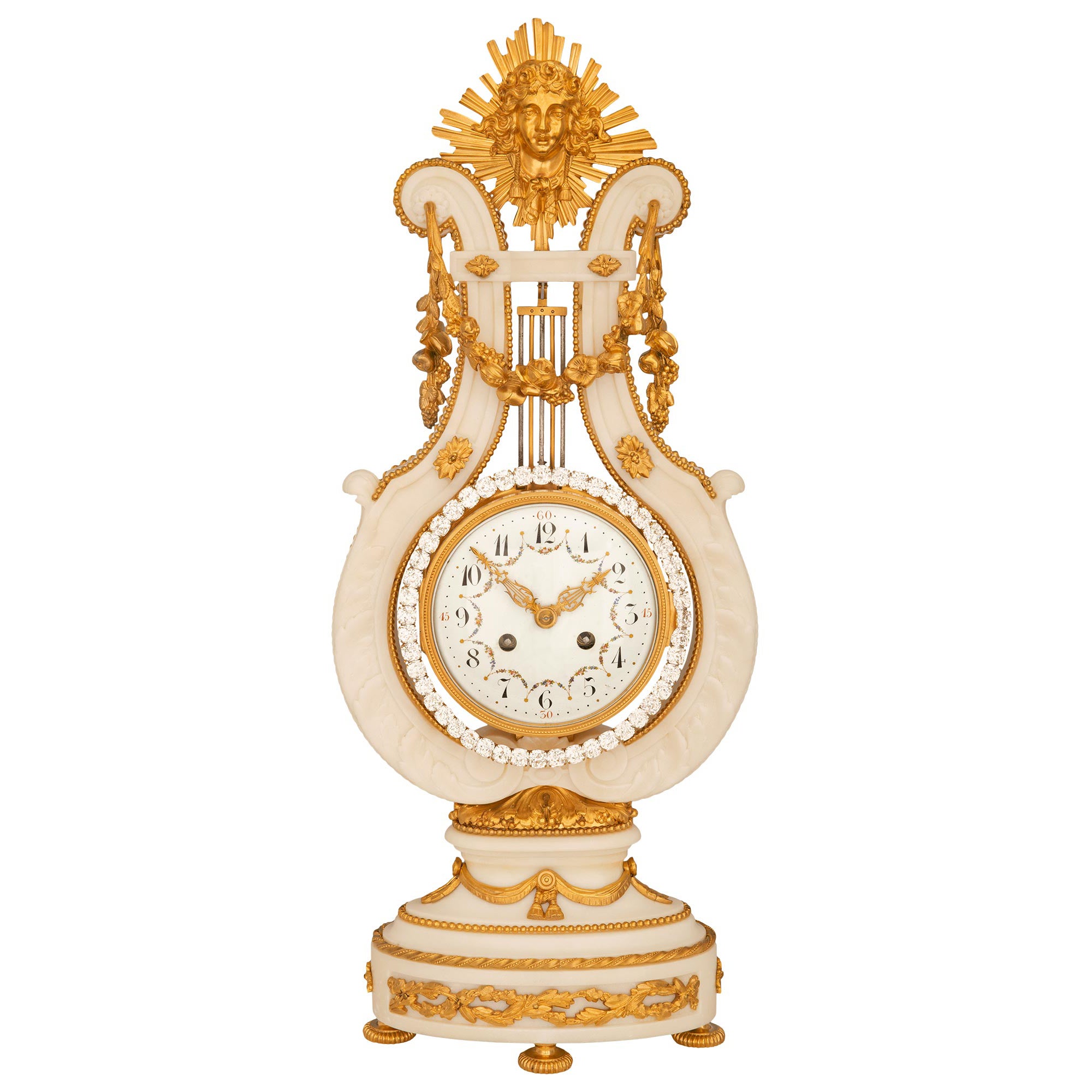 French 19th Century Louis XVI St. White Carrara Marble, Ormolu And Jeweled Clock