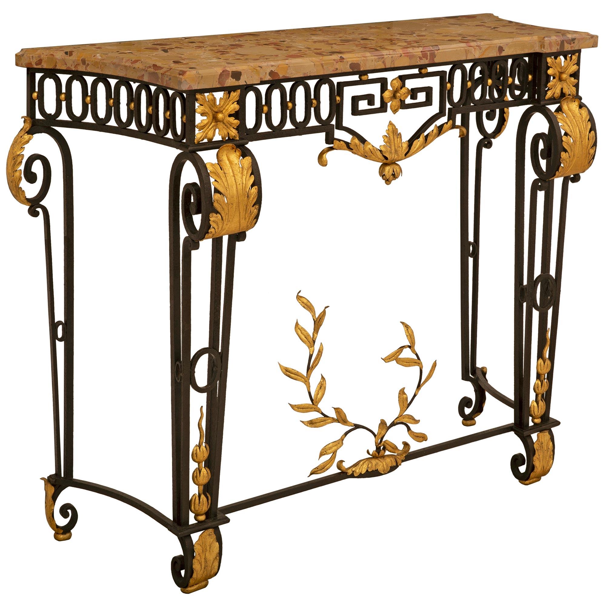 French 19th Century Louis XVI St. Wrought Iron, Gilt Metal And Marble Console In Good Condition For Sale In West Palm Beach, FL