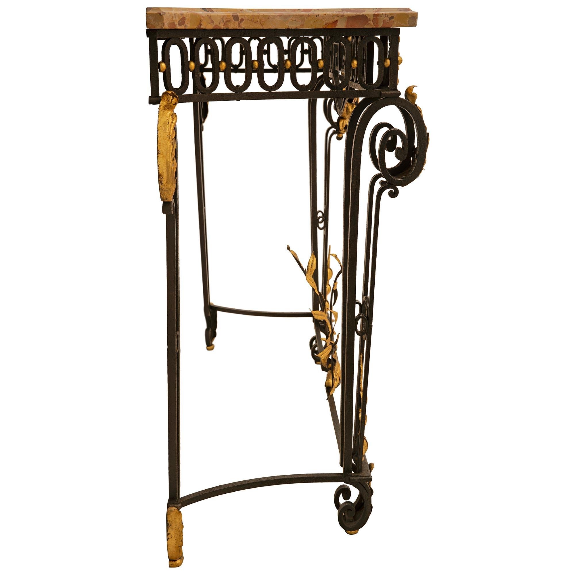 French 19th Century Louis XVI St. Wrought Iron, Gilt Metal And Marble Console For Sale 1