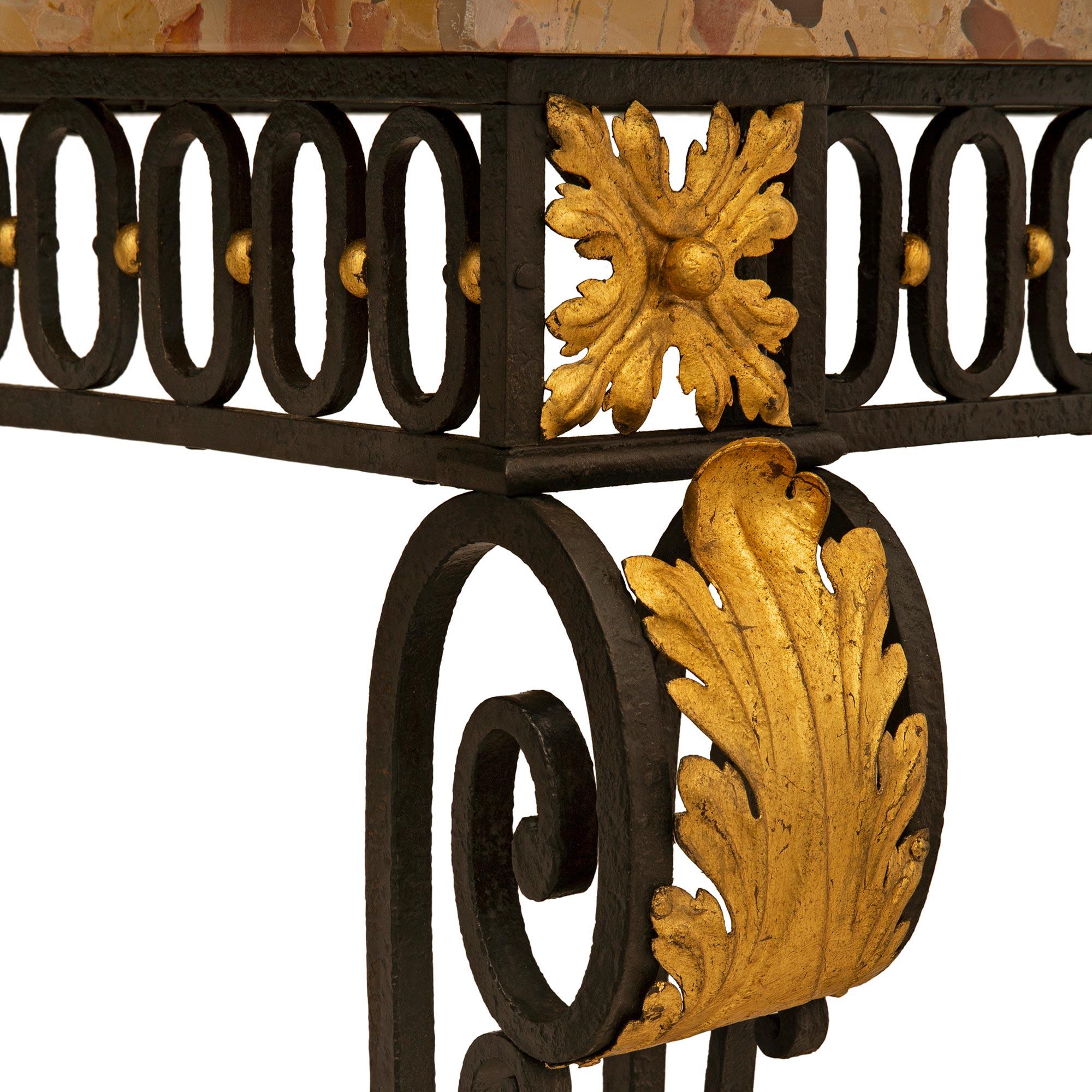 French 19th Century Louis XVI St. Wrought Iron, Gilt Metal And Marble Console For Sale 2
