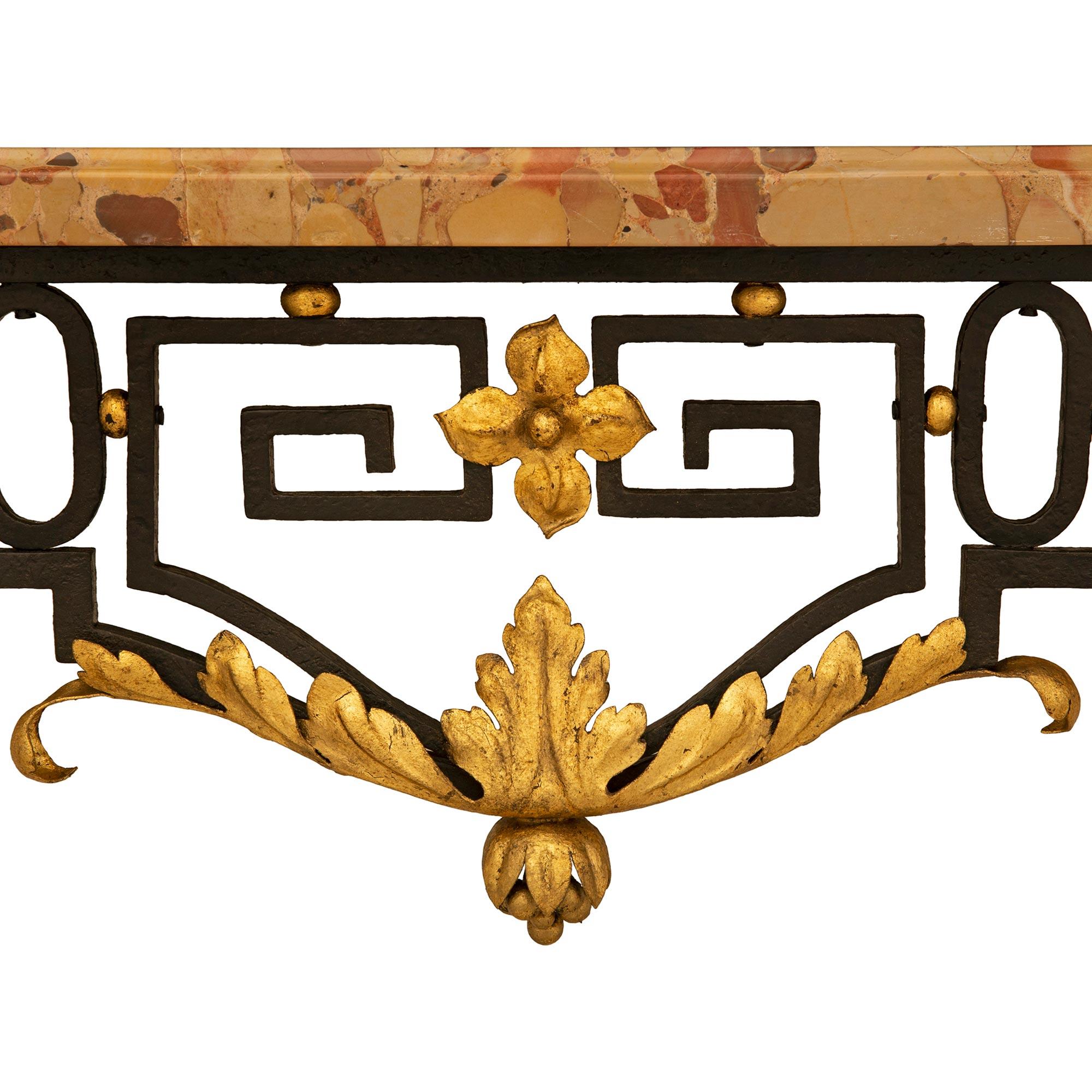 French 19th Century Louis XVI St. Wrought Iron, Gilt Metal And Marble Console For Sale 3