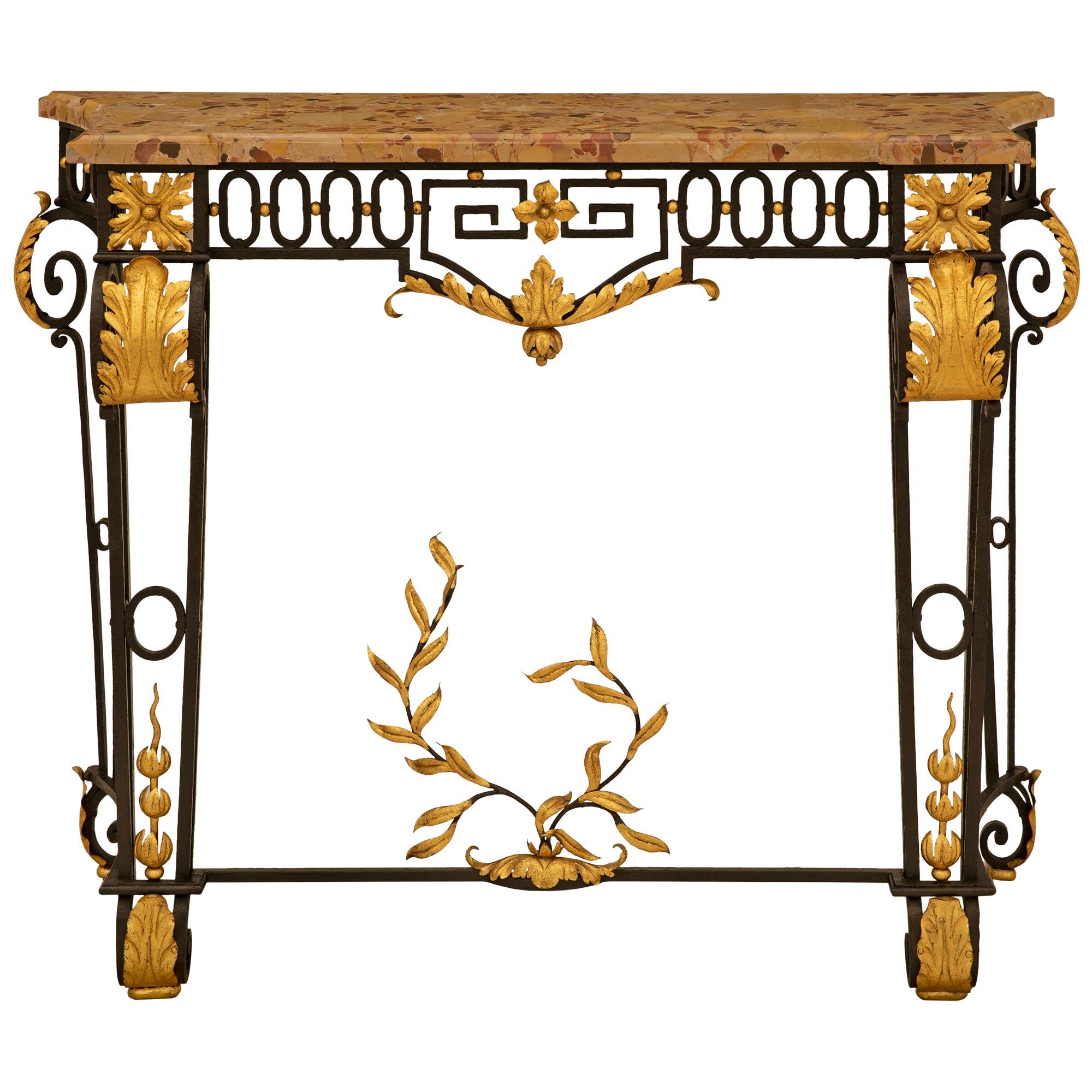 French 19th Century Louis XVI St. Wrought Iron, Gilt Metal And Marble Console For Sale 6