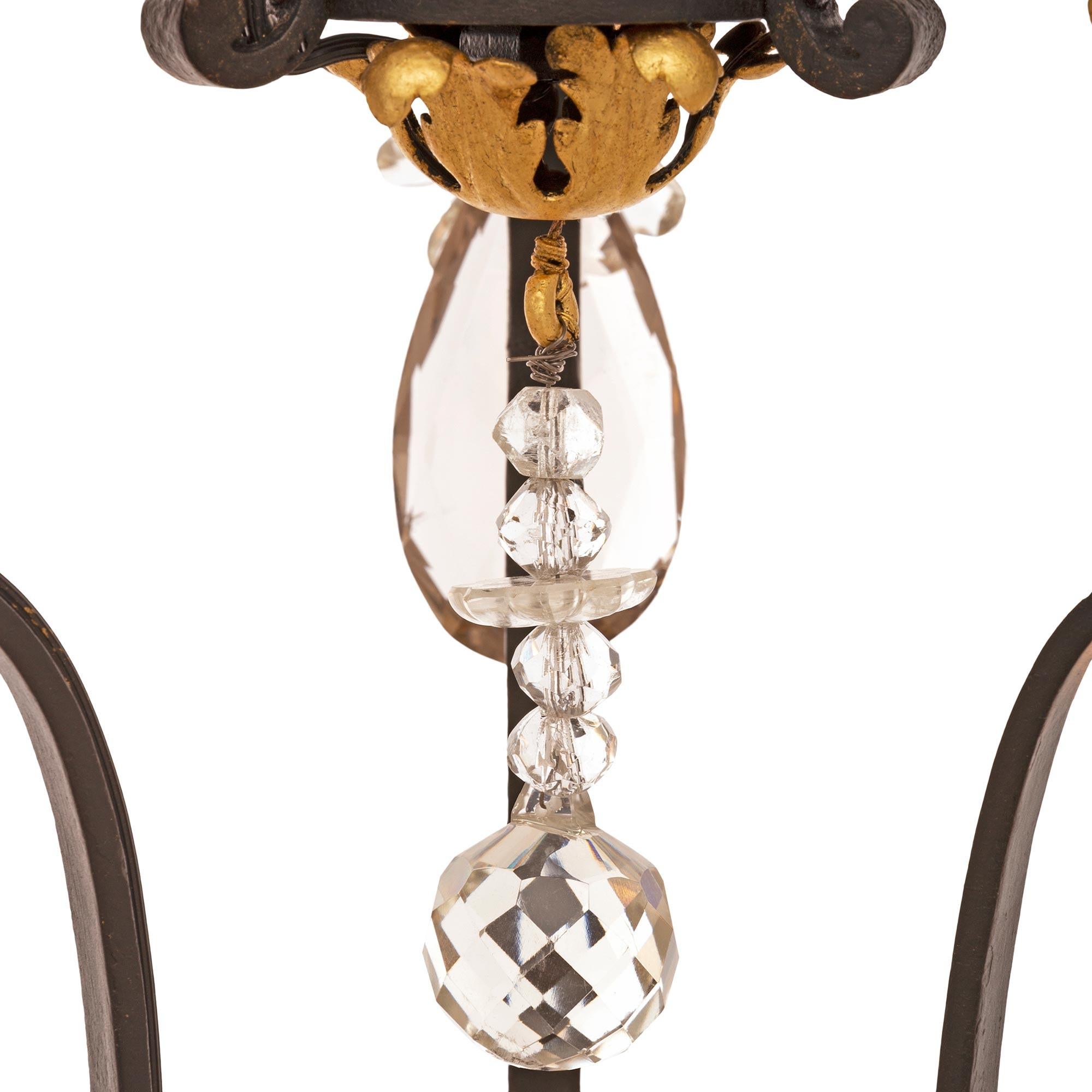 French 19th Century Louis XVI St. Wrought Iron, Gilt Metal & Crystal Chandelier For Sale 1