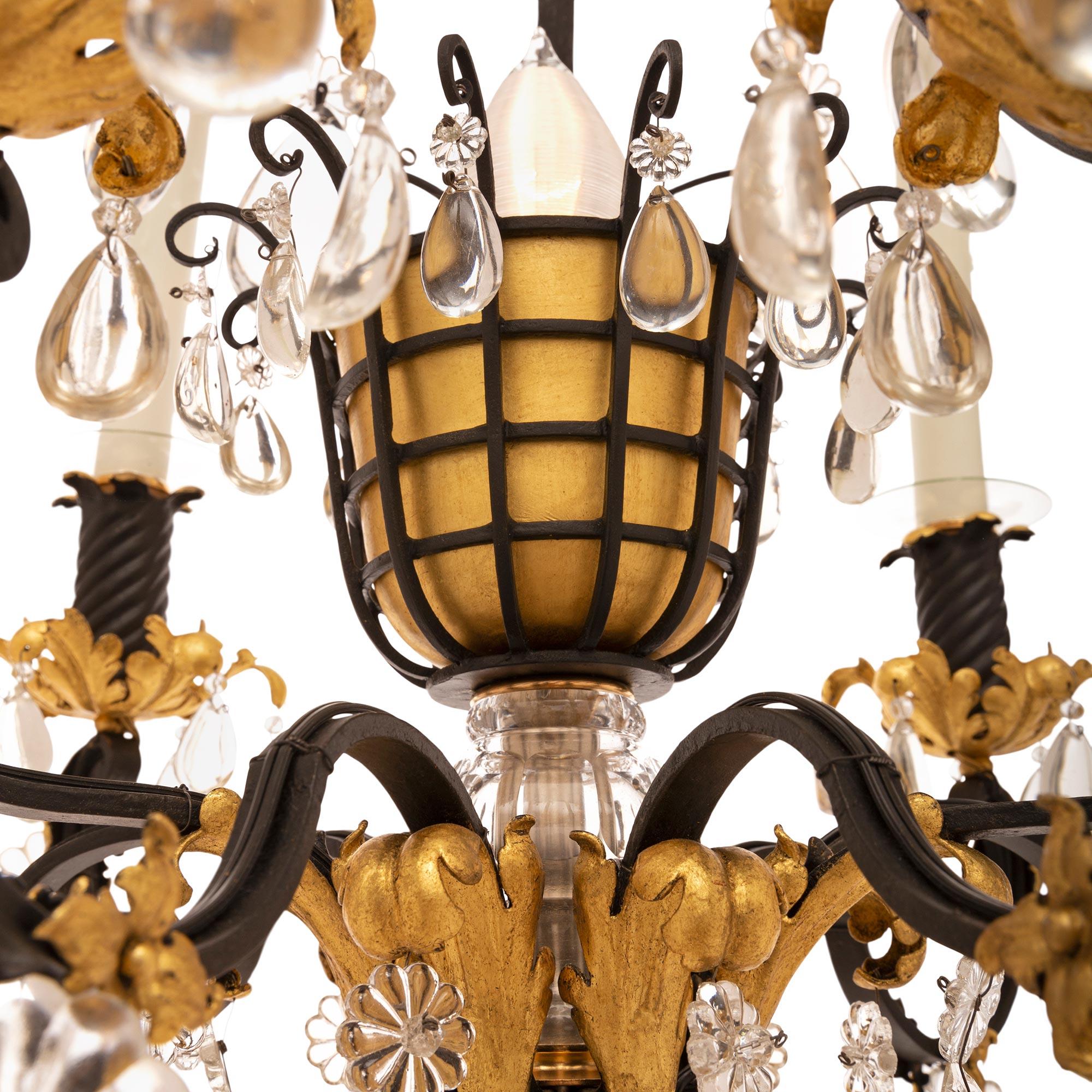 French 19th Century Louis XVI St. Wrought Iron, Gilt Metal & Crystal Chandelier For Sale 2