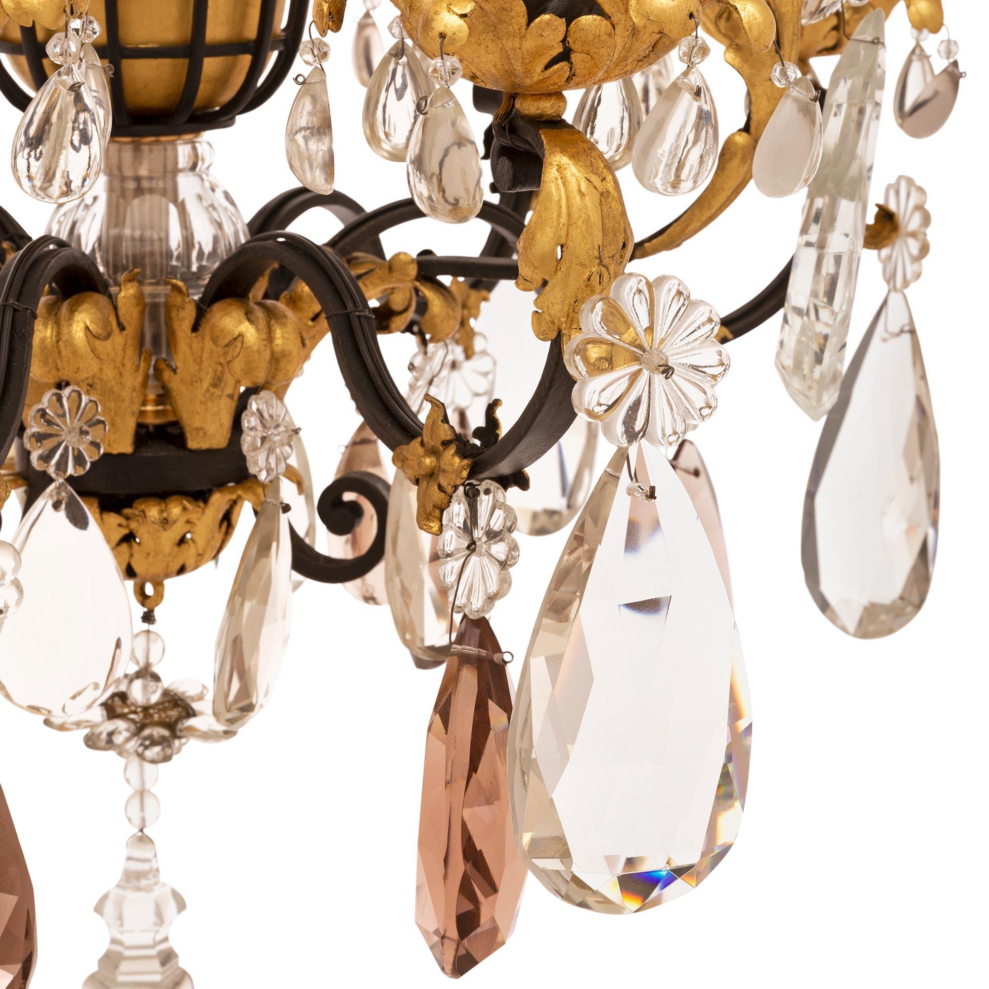 French 19th Century Louis XVI St. Wrought Iron, Gilt Metal & Crystal Chandelier For Sale 4