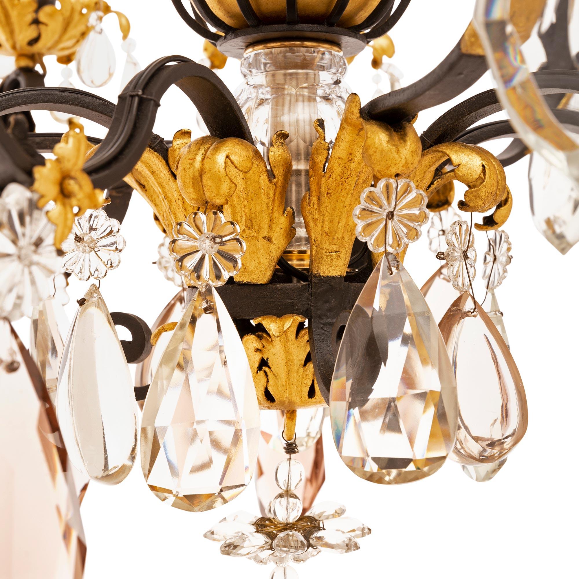 French 19th Century Louis XVI St. Wrought Iron, Gilt Metal & Crystal Chandelier For Sale 5