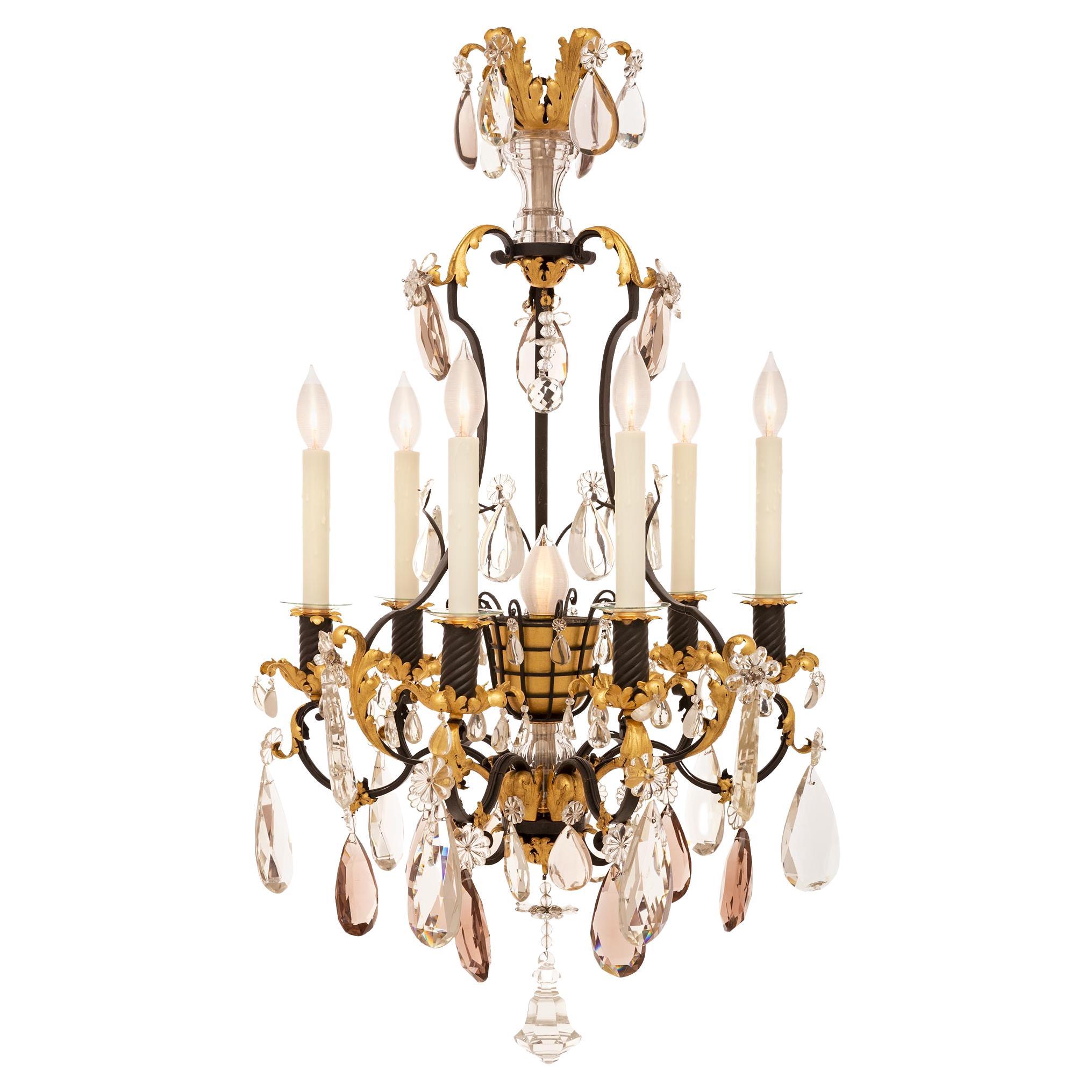 French 19th Century Louis XVI St. Wrought Iron, Gilt Metal & Crystal Chandelier For Sale