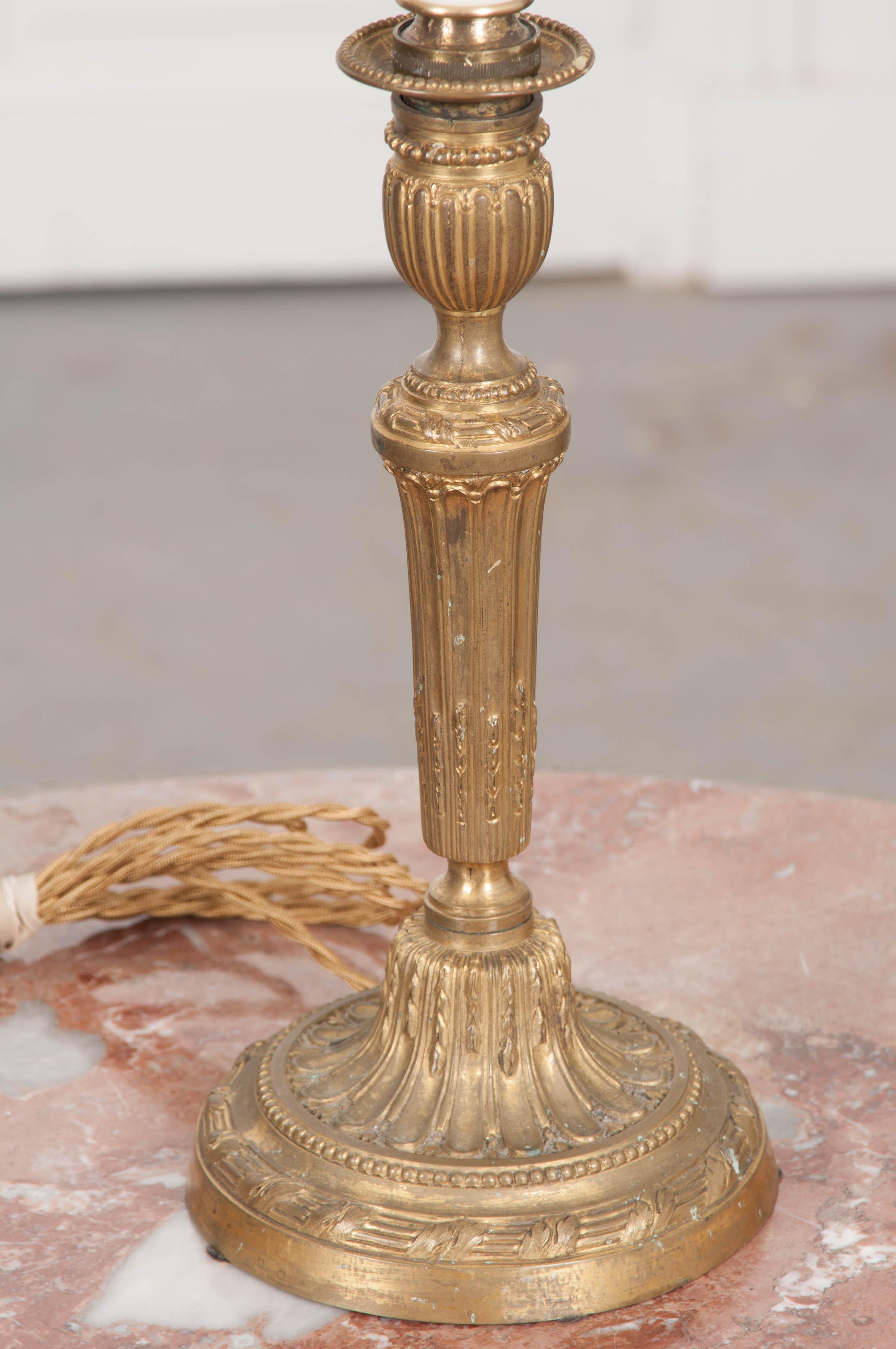 French 19th Century Louis XVI Style Brass Candlestick Lamp 1