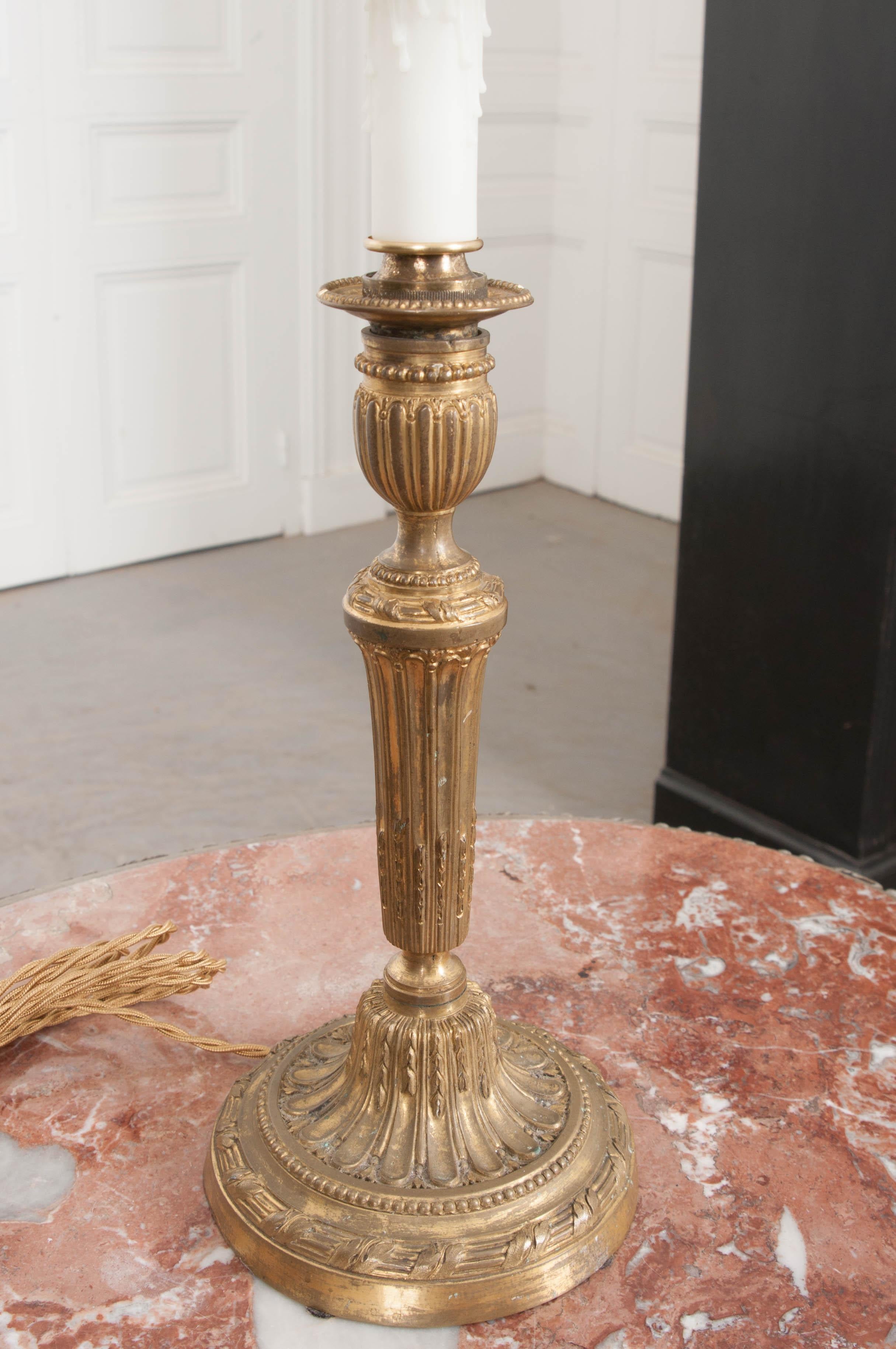 French 19th Century Louis XVI Style Brass Candlestick Lamp 2