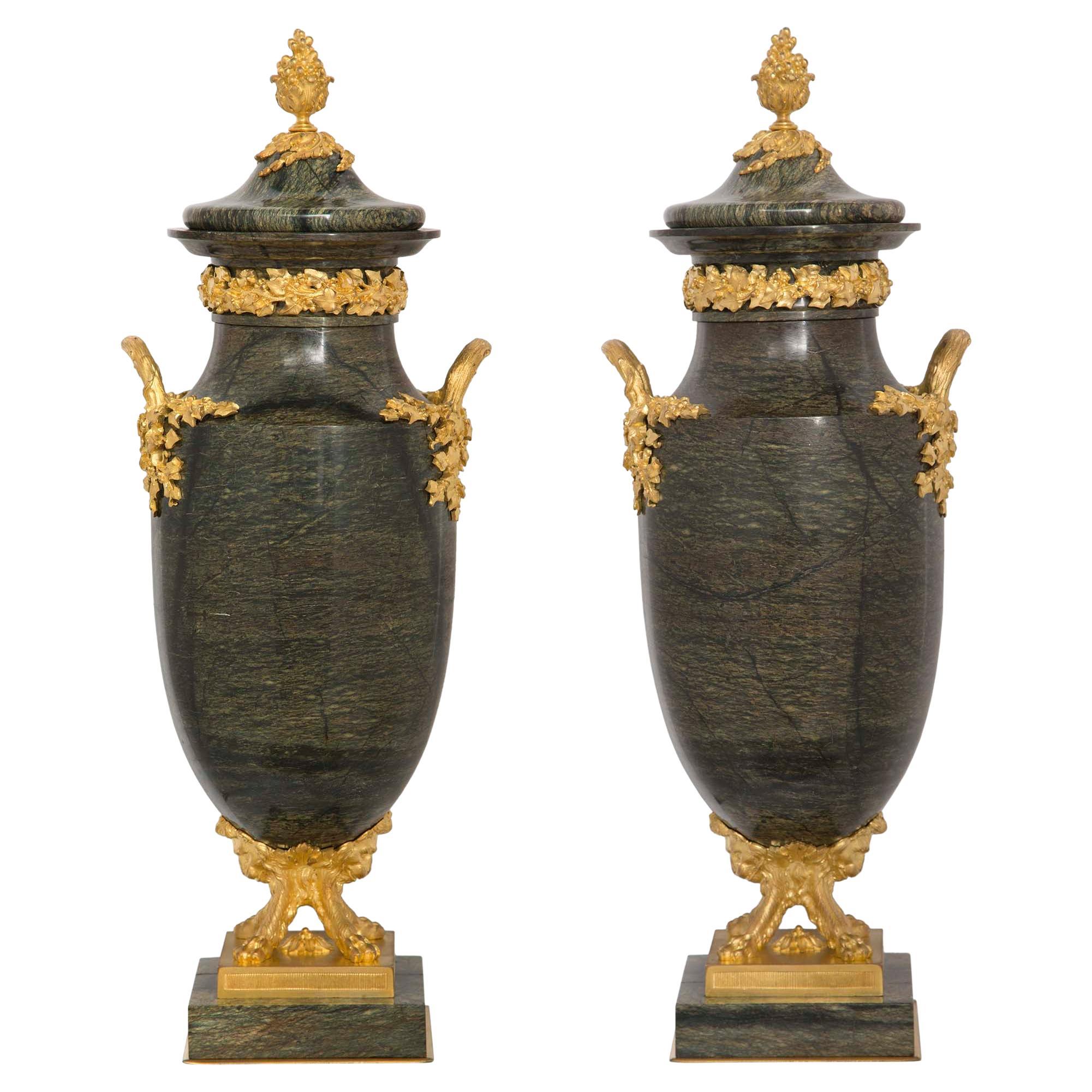 French 19th Century Louis XVI Style Breche Verte d'Egypte and Ormolu Urns For Sale