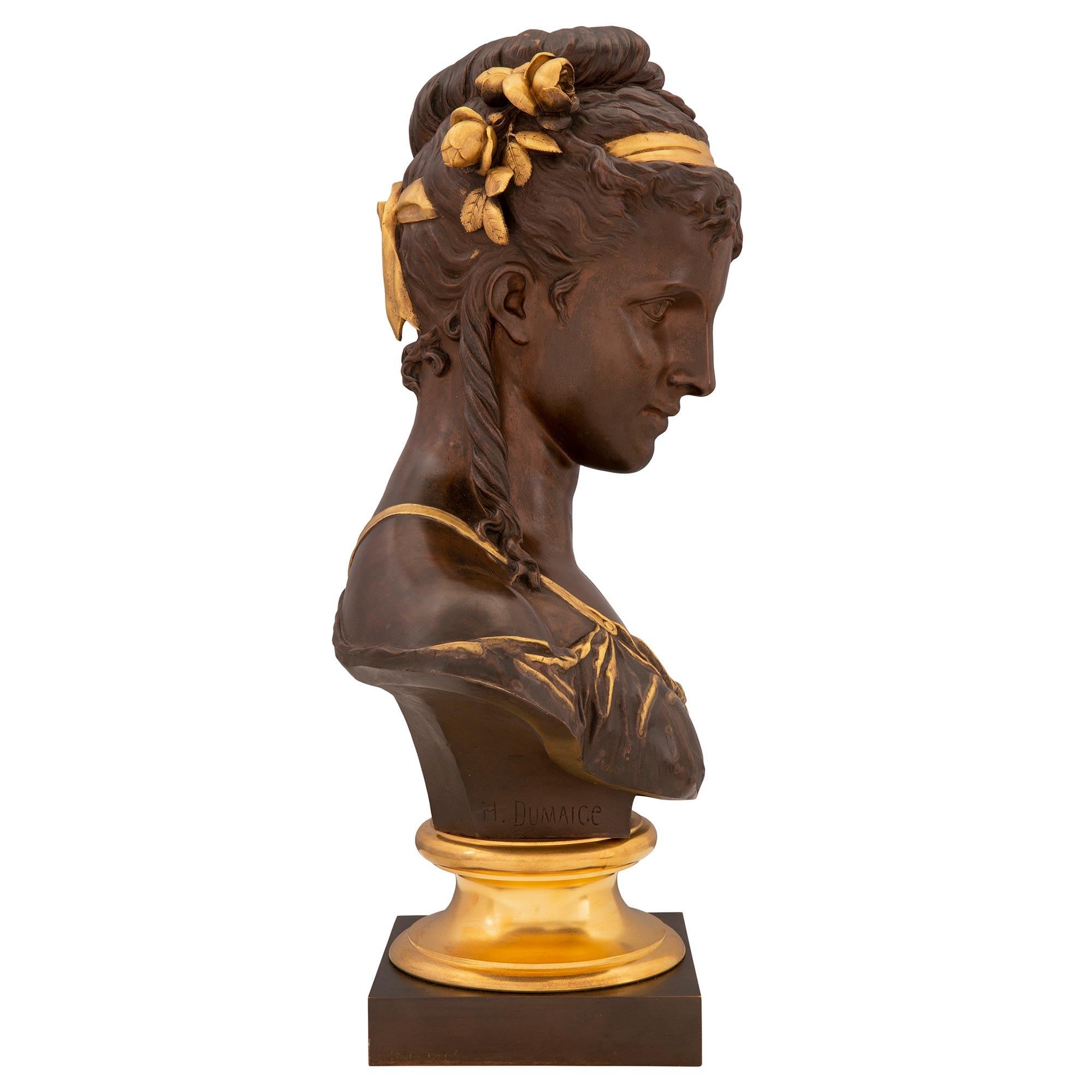 Patinated French 19th Century Louis XVI Style Bronze and Ormolu Bust, Signed H. Dumaice For Sale