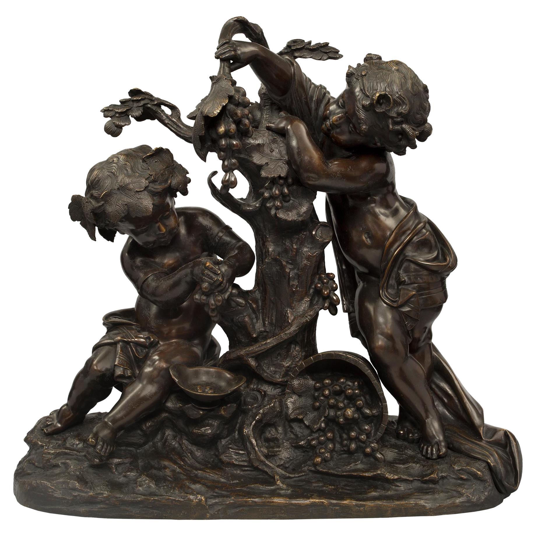 French 19th Century Louis XVI Style Bronze Statue of Two Cherubs, Signed Clodion For Sale
