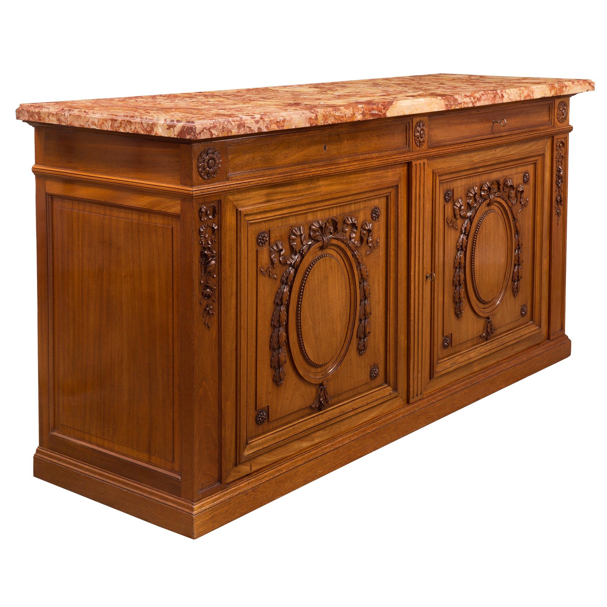 French 19th Century Louis XVI Style Cherrywood and Sarrancolin Marble Buffet In Good Condition For Sale In West Palm Beach, FL
