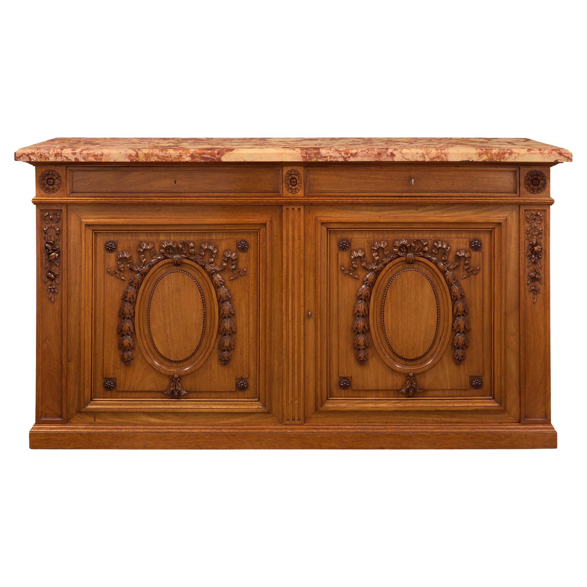 French 19th Century Louis XVI Style Cherrywood and Sarrancolin Marble Buffet For Sale