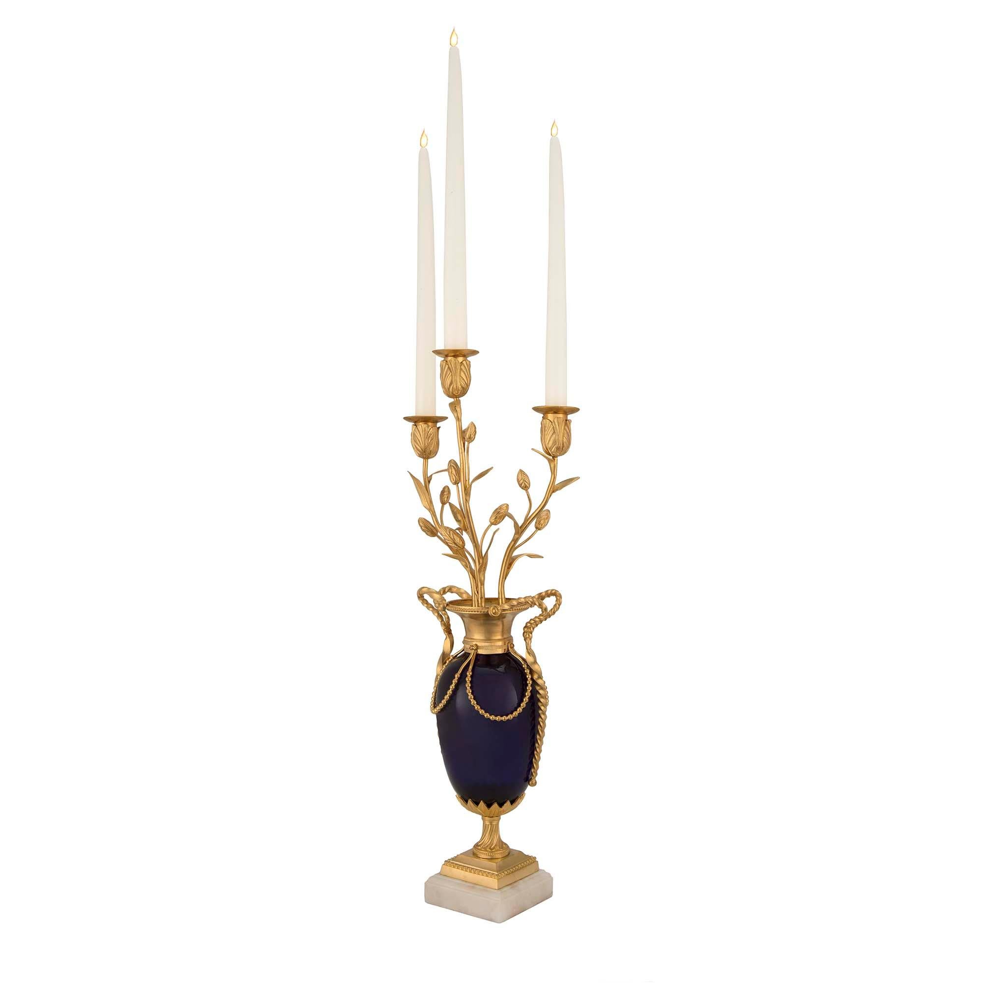 French 19th Century Louis XVI Style Cobalt Blue Glass and Ormolu Candelabras In Good Condition For Sale In West Palm Beach, FL