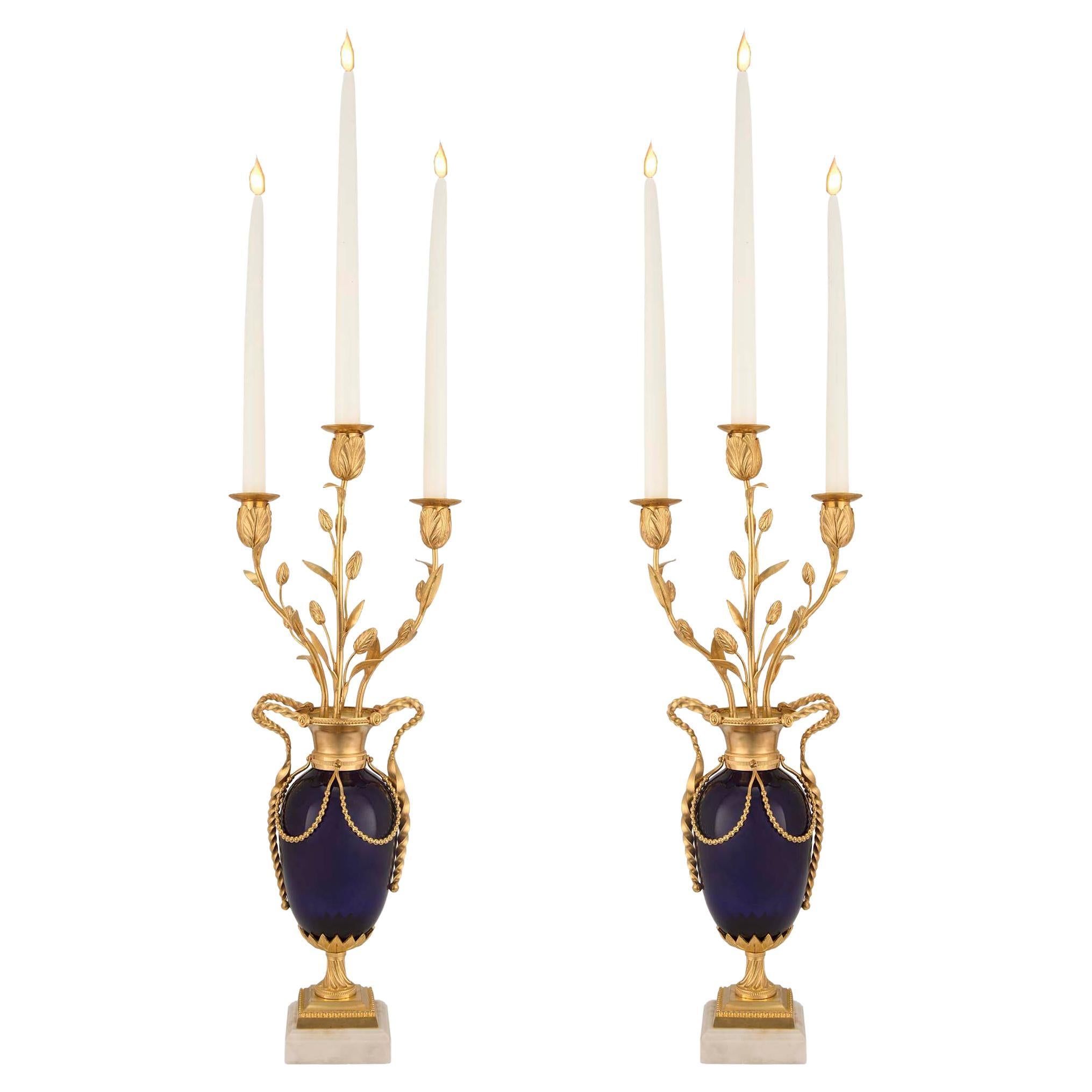 French 19th Century Louis XVI Style Cobalt Blue Glass and Ormolu Candelabras For Sale