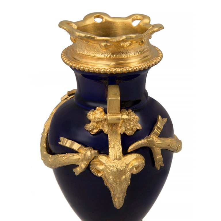 French 19th Century Louis XVI Style Cobalt Blue Porcelain and Ormolu Vase For Sale 3