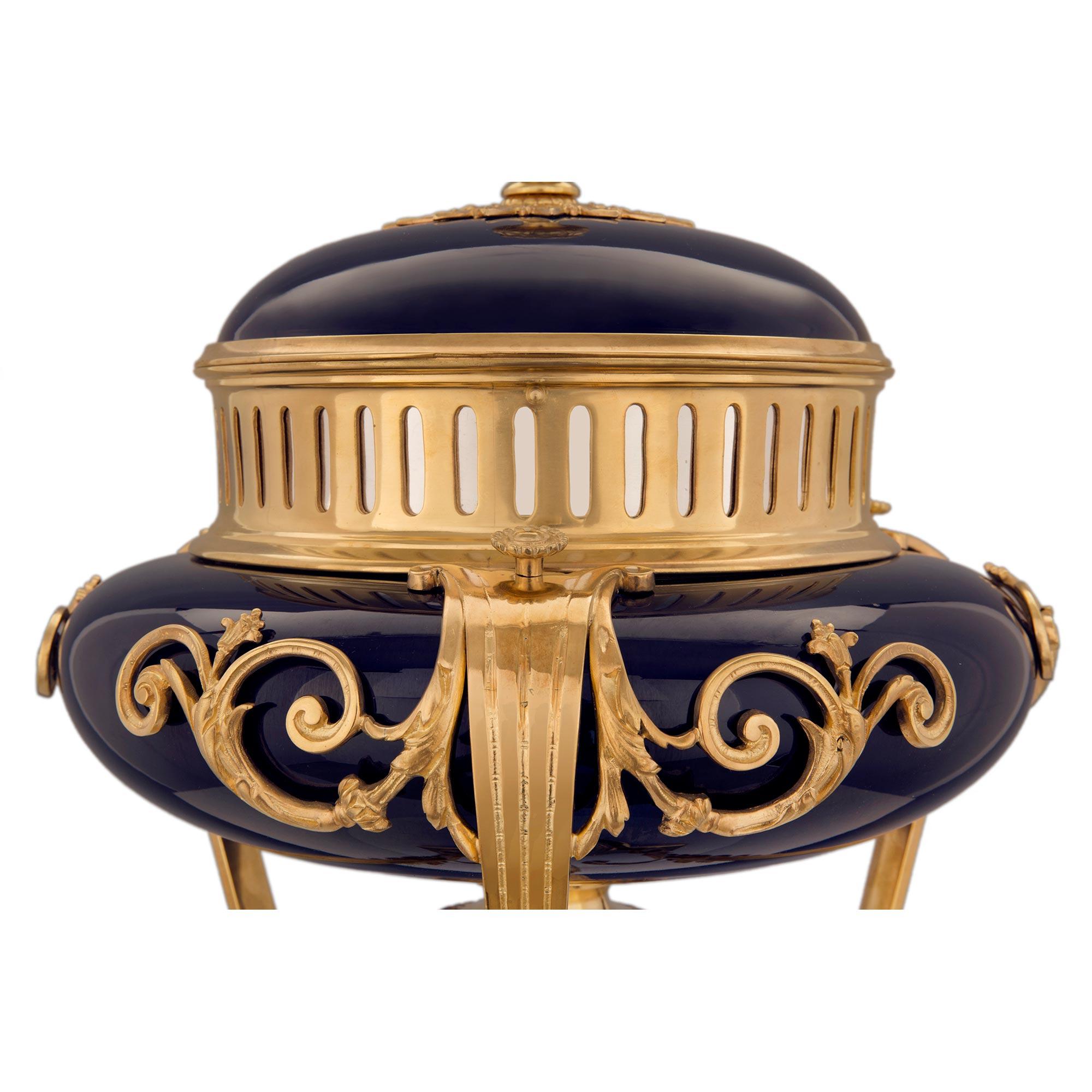 Ormolu French 19th Century Louis XVI Style Cobalt Blue Sèvres Porcelain Centerpiece For Sale