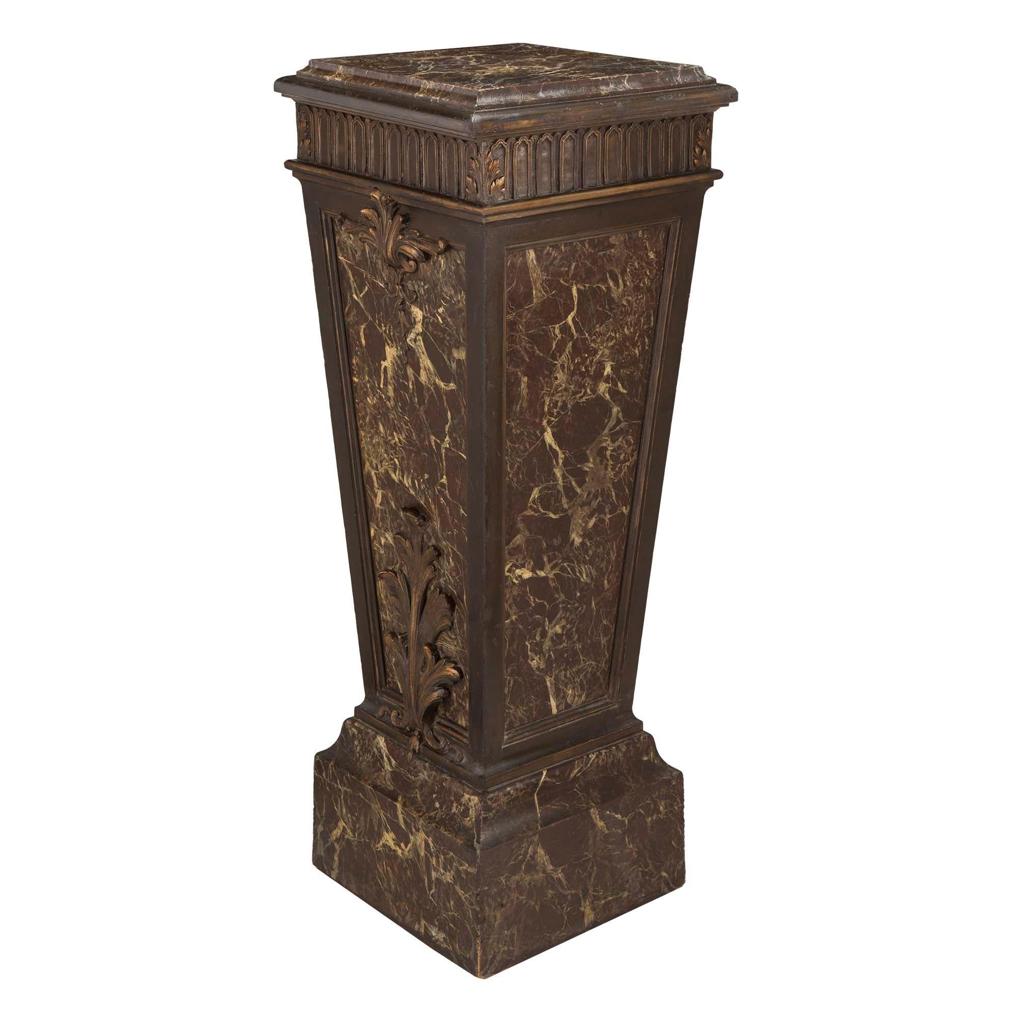 Wood French 19th Century Louis XVI Style Faux Marble and Patinated Pedestal For Sale
