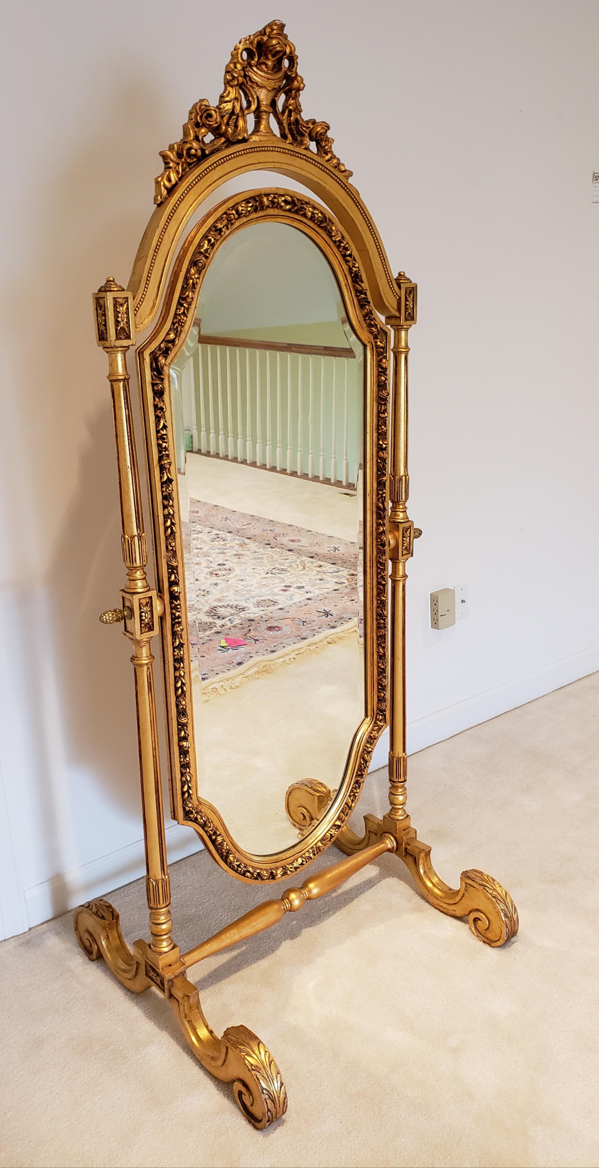 French 19th Century Louis XVI Style Full Length Giltwood Cheval Mirror For Sale 7