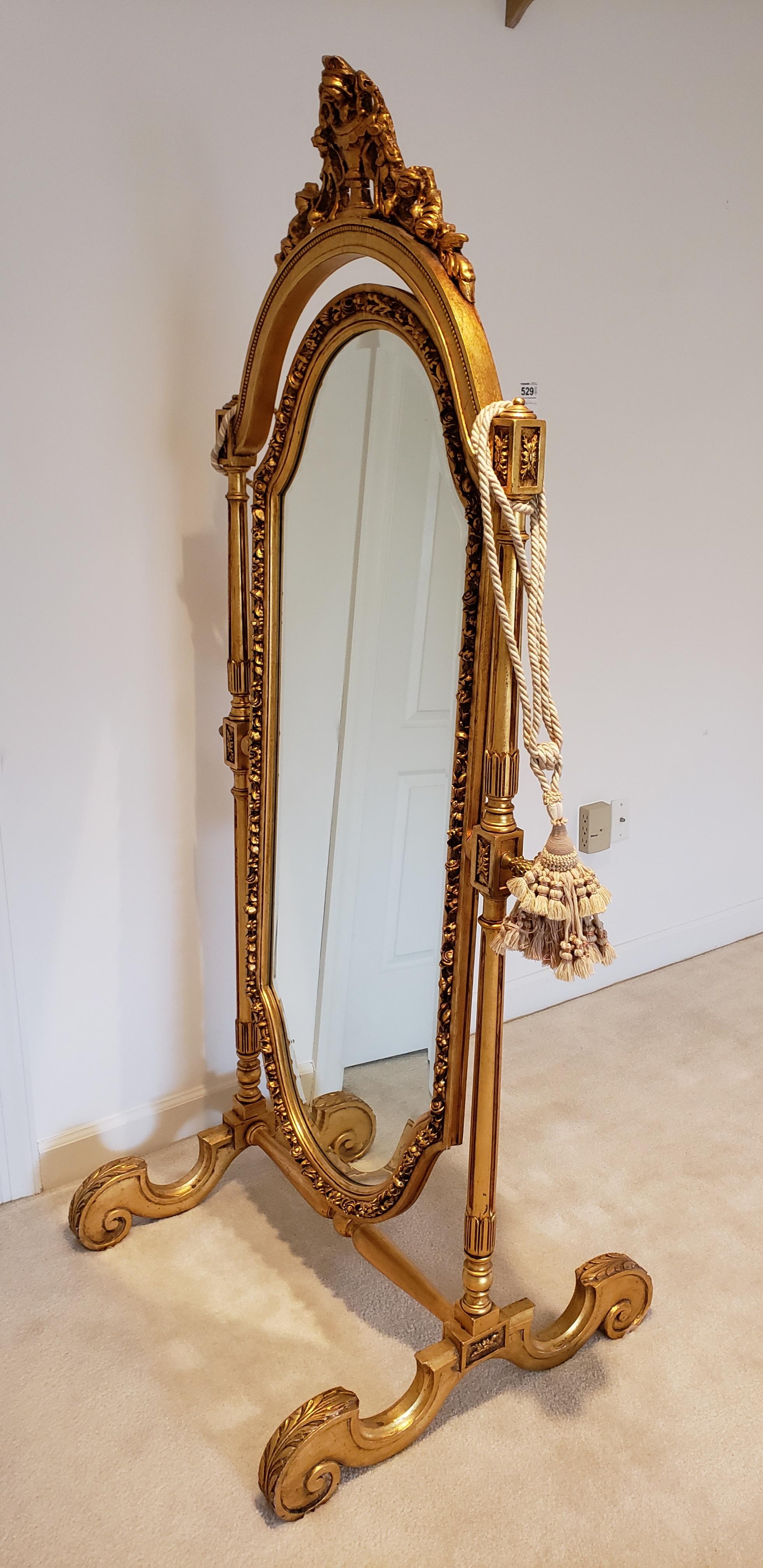 French 19th Century Louis XVI Style Full Length Giltwood Cheval Mirror For Sale 11