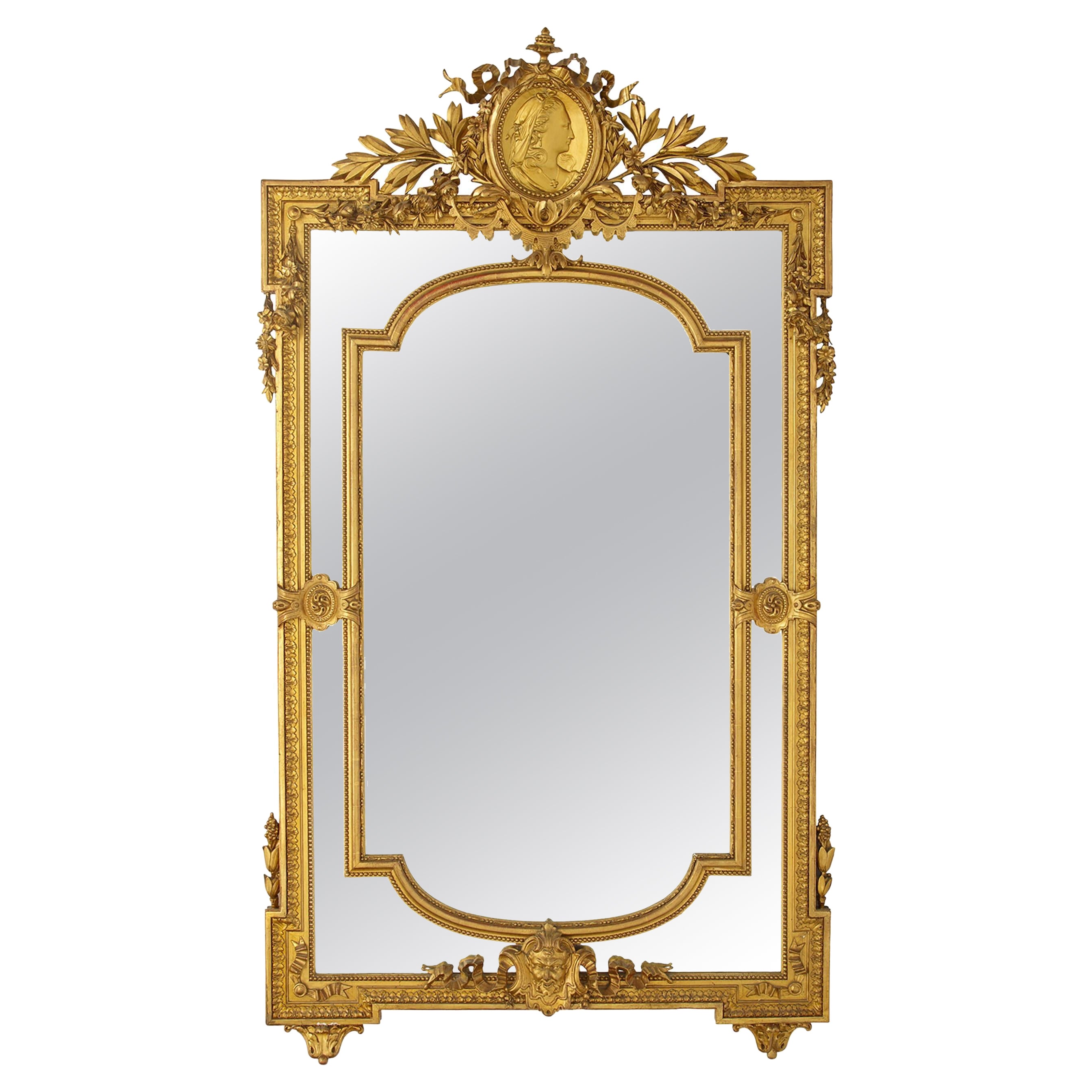 Miroir d'embarcadère français du 19ème siècle de style Louis XVI, sculpté en bois doré et en gesso