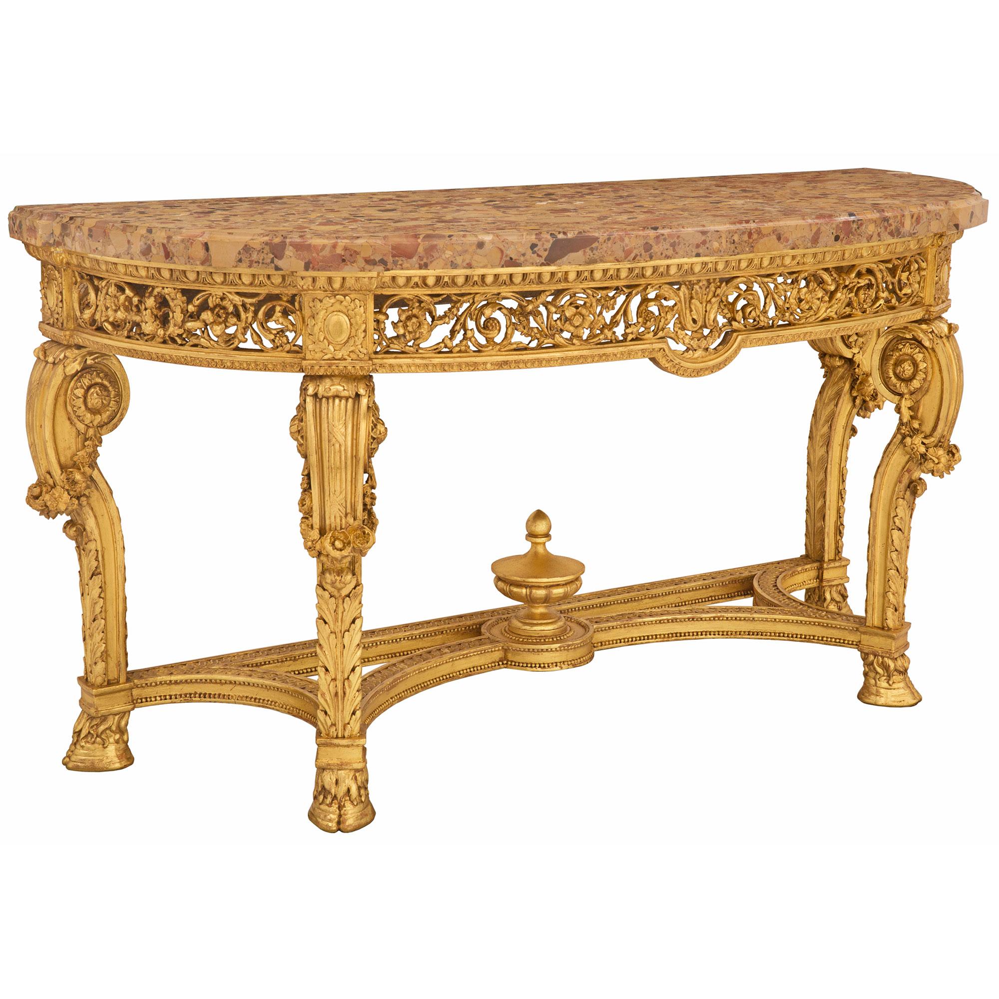 French 19th Century Louis XVI Style Giltwood and Brèche D’Alep Marble Console In Good Condition For Sale In West Palm Beach, FL