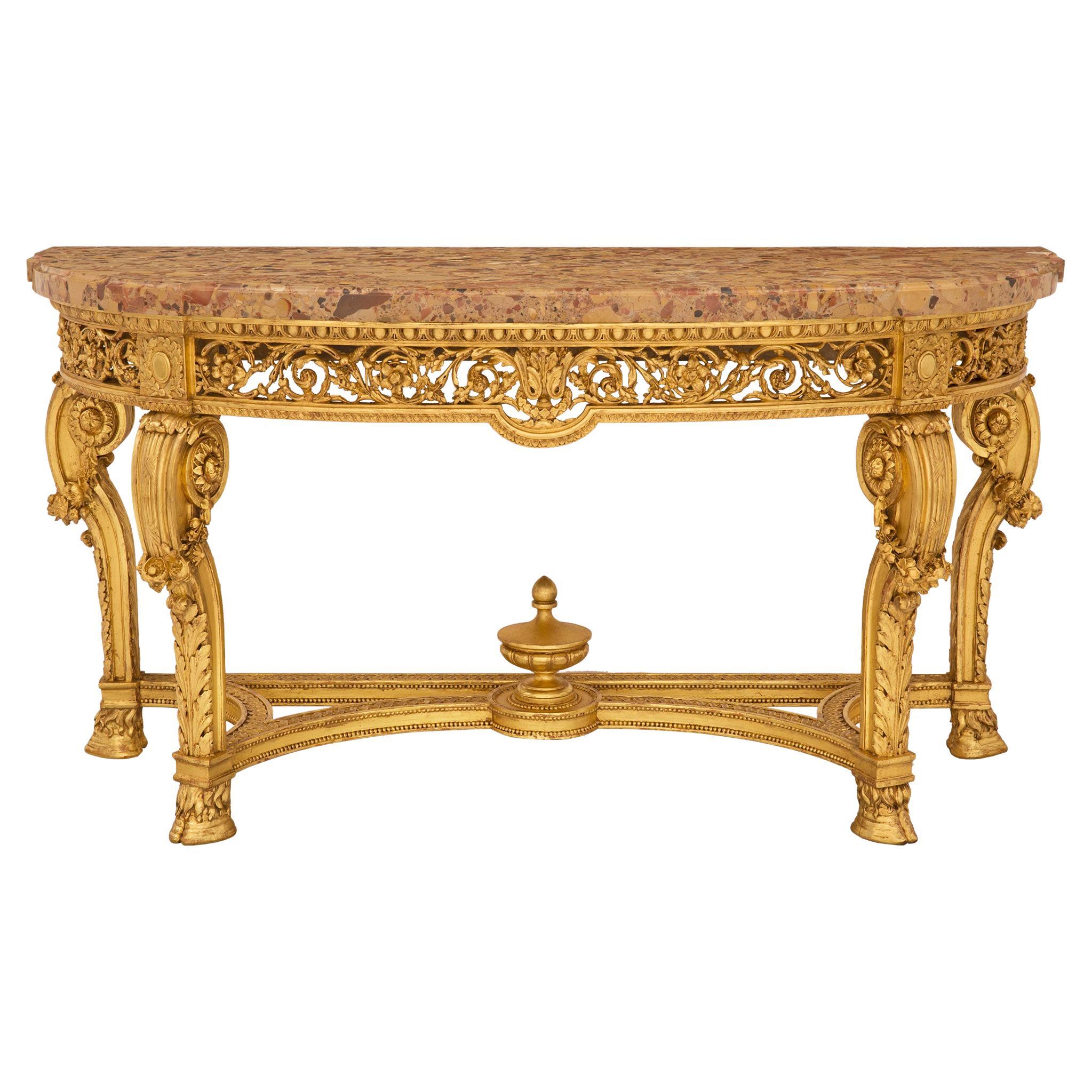 Console française de style Louis XVI du 19ème siècle en bois doré et marbre Brche DAlep