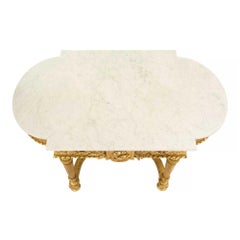 Mesa de centro francesa del siglo XIX estilo Luis XVI de madera dorada y mármol de Carrara