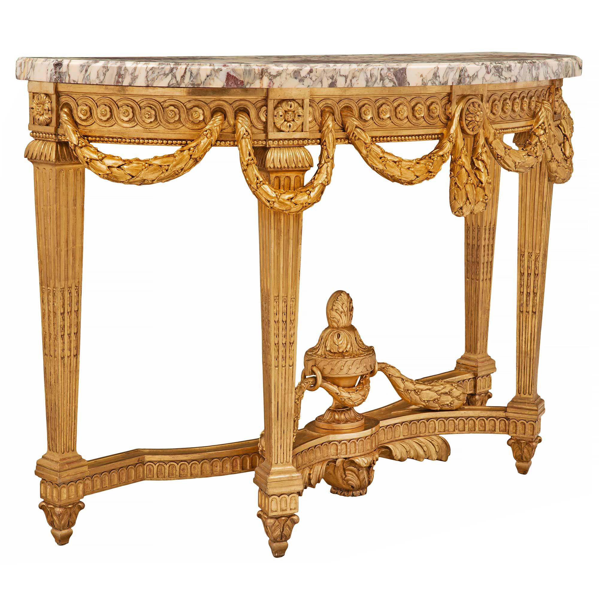 French 19th Century Louis XVI Style Giltwood and Fleur De Pêcher Marble Console In Good Condition For Sale In West Palm Beach, FL