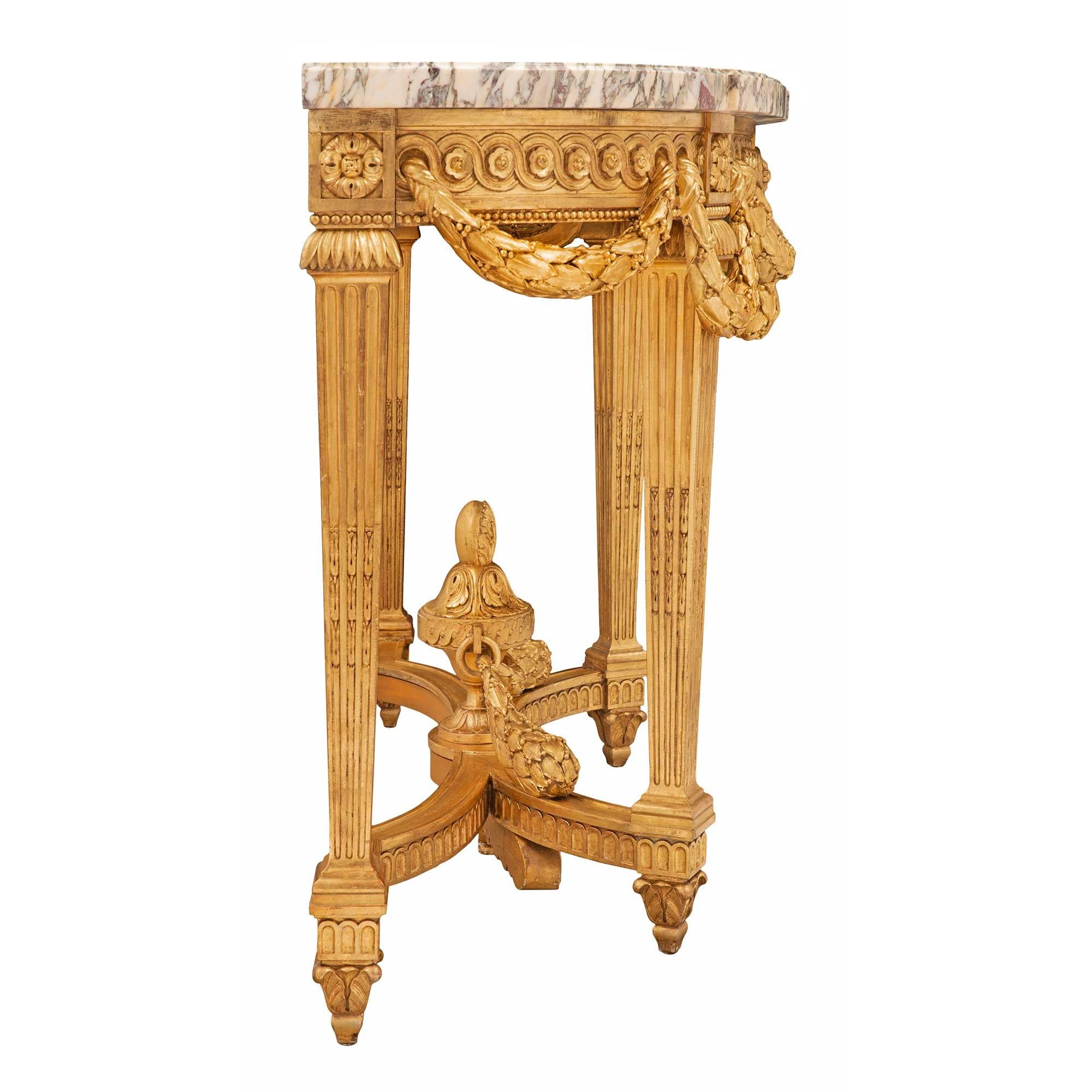 French 19th Century Louis XVI Style Giltwood and Fleur De Pêcher Marble Console For Sale 1
