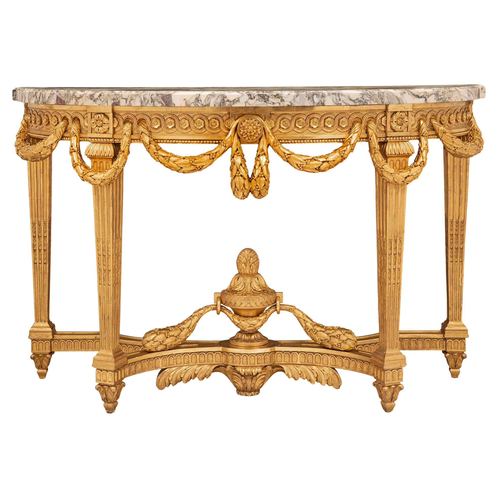 Console de style Louis XVI du 19ème siècle en bois doré et marbre Fleur De Pcher
