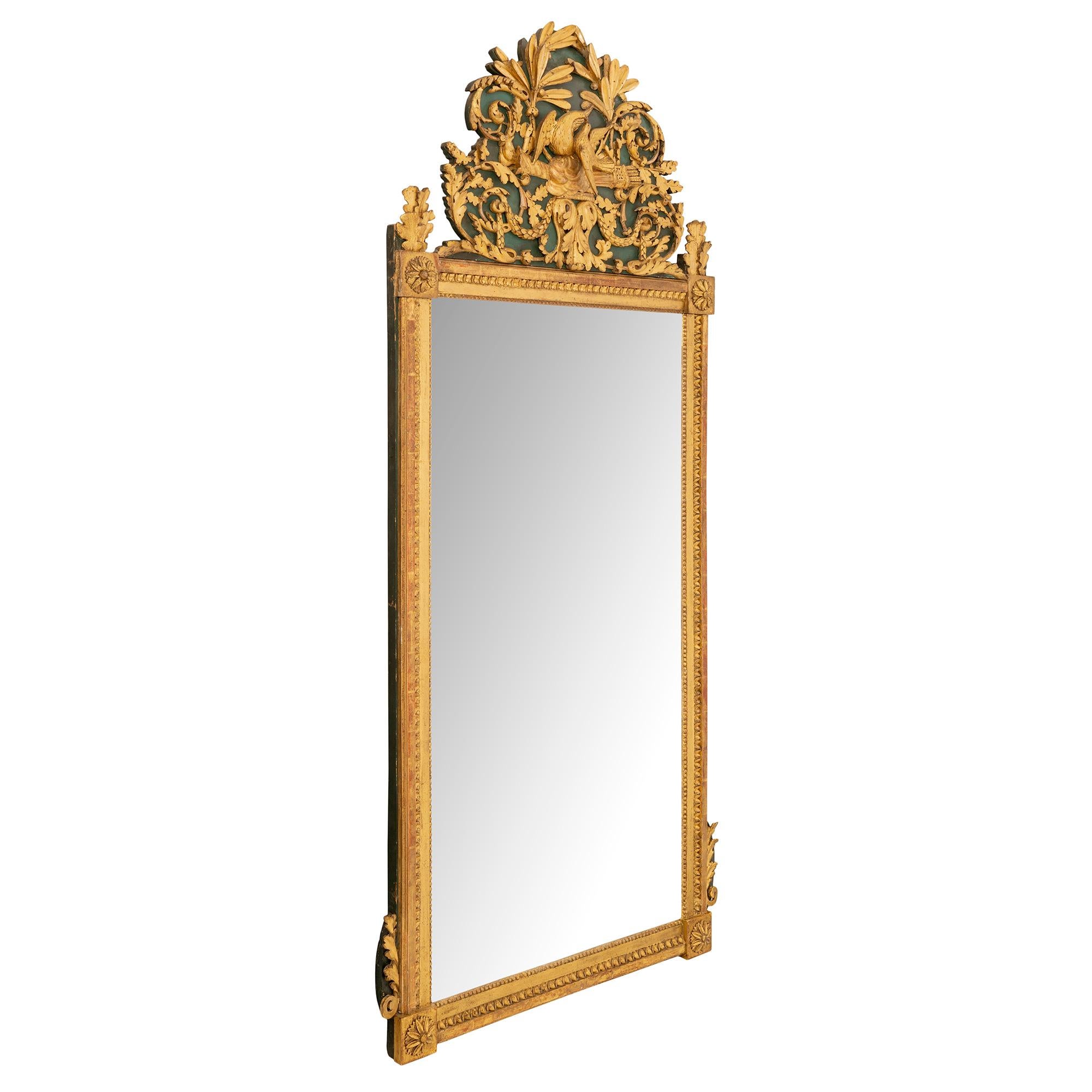 French 19th Century Louis XVI Style Giltwood and Forest Green Mirror In Good Condition For Sale In West Palm Beach, FL