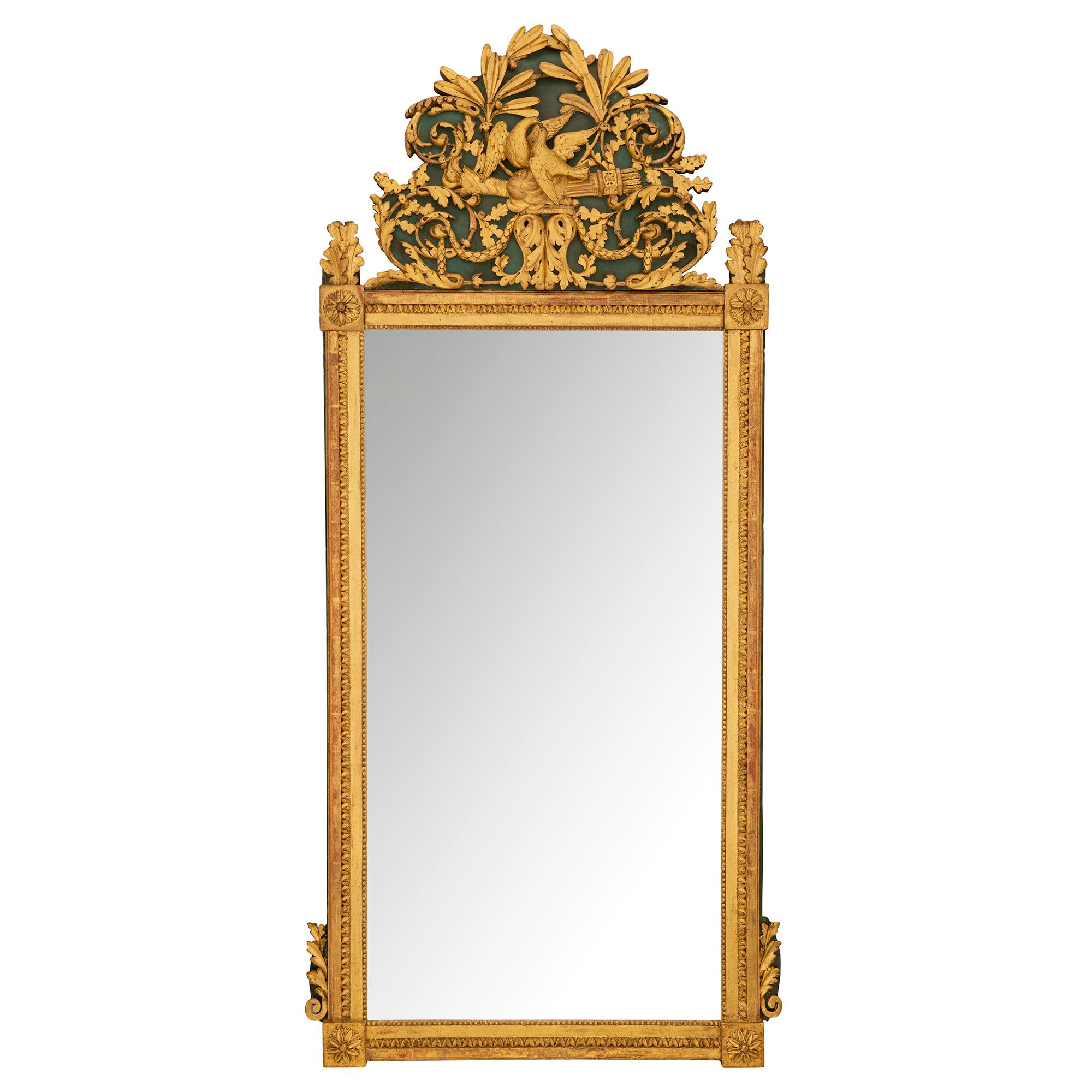 French 19th Century Louis XVI Style Giltwood and Forest Green Mirror For Sale