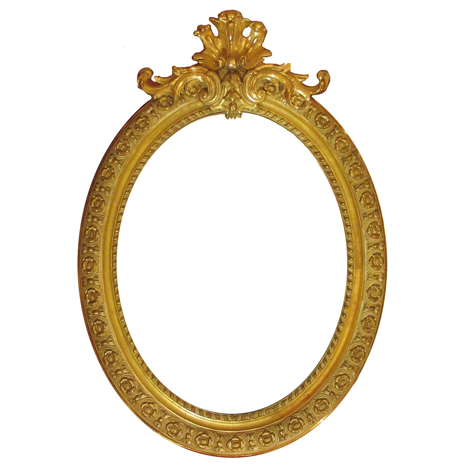 Ovaler Spiegelrahmen aus vergoldetem Holz und Gesso im Louis-XVI-Stil des 19. Jahrhunderts, geschnitzt (Französisch) im Angebot