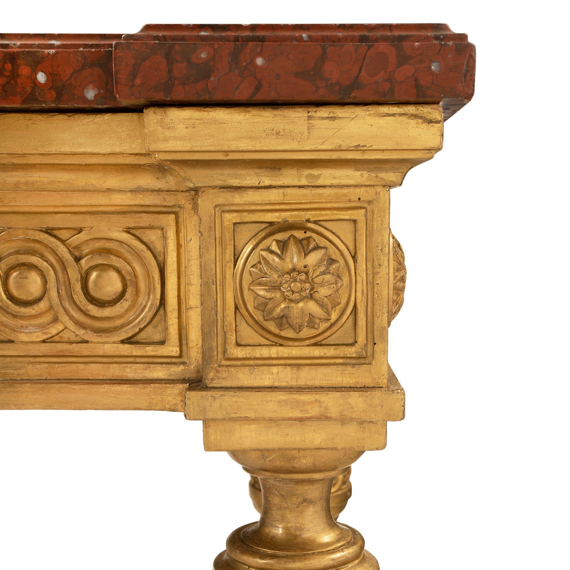 Marbre Console française de style Louis XVI du 19ème siècle en bois doré et marbre griotte en vente