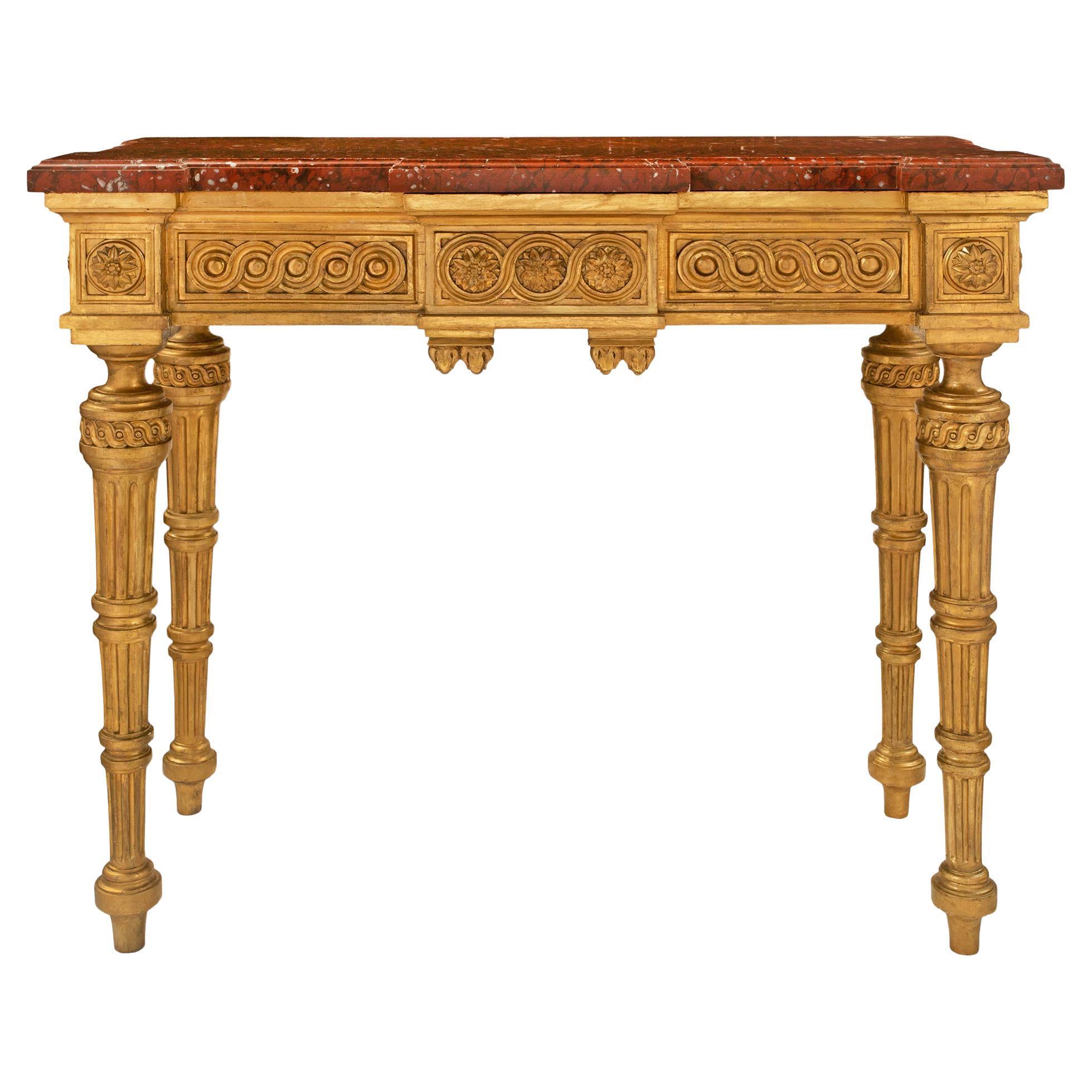 Console française de style Louis XVI du 19ème siècle en bois doré et marbre griotte