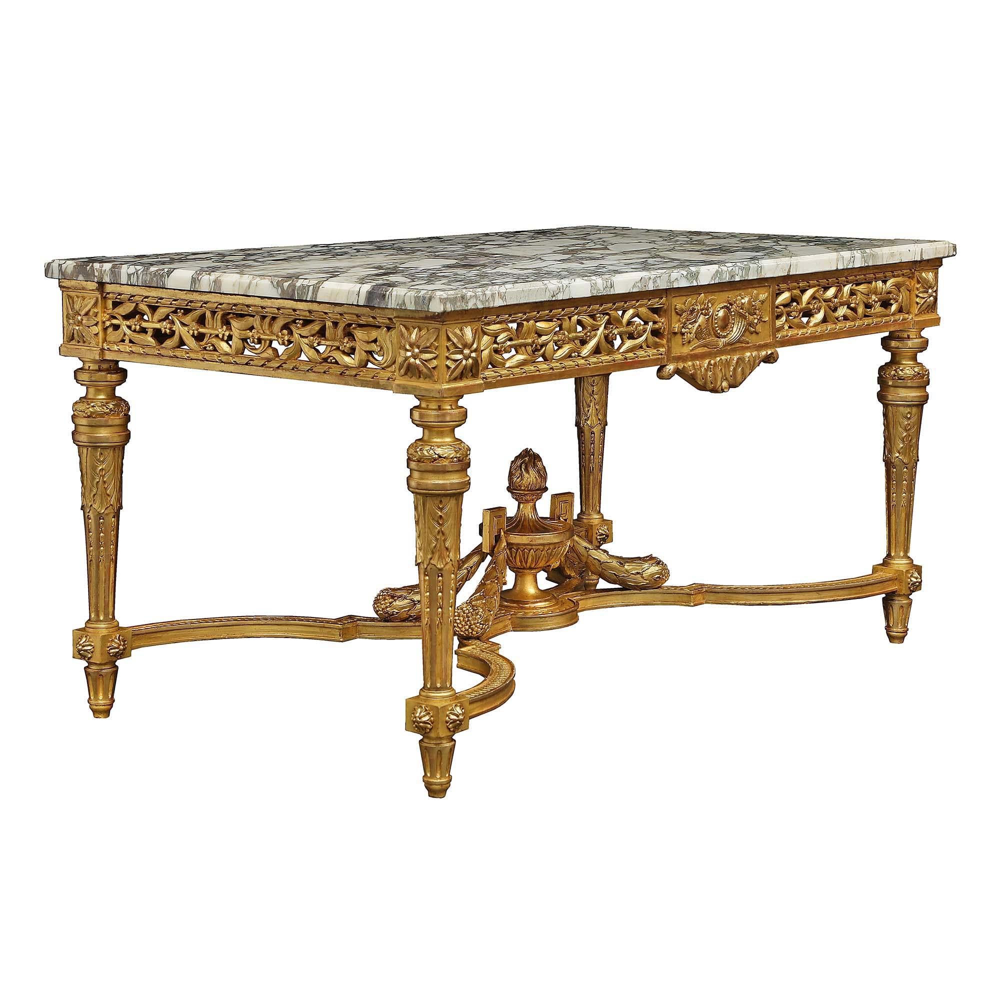 French 19th Century Louis XVI Style Giltwood and Marble Center Table In Good Condition For Sale In West Palm Beach, FL