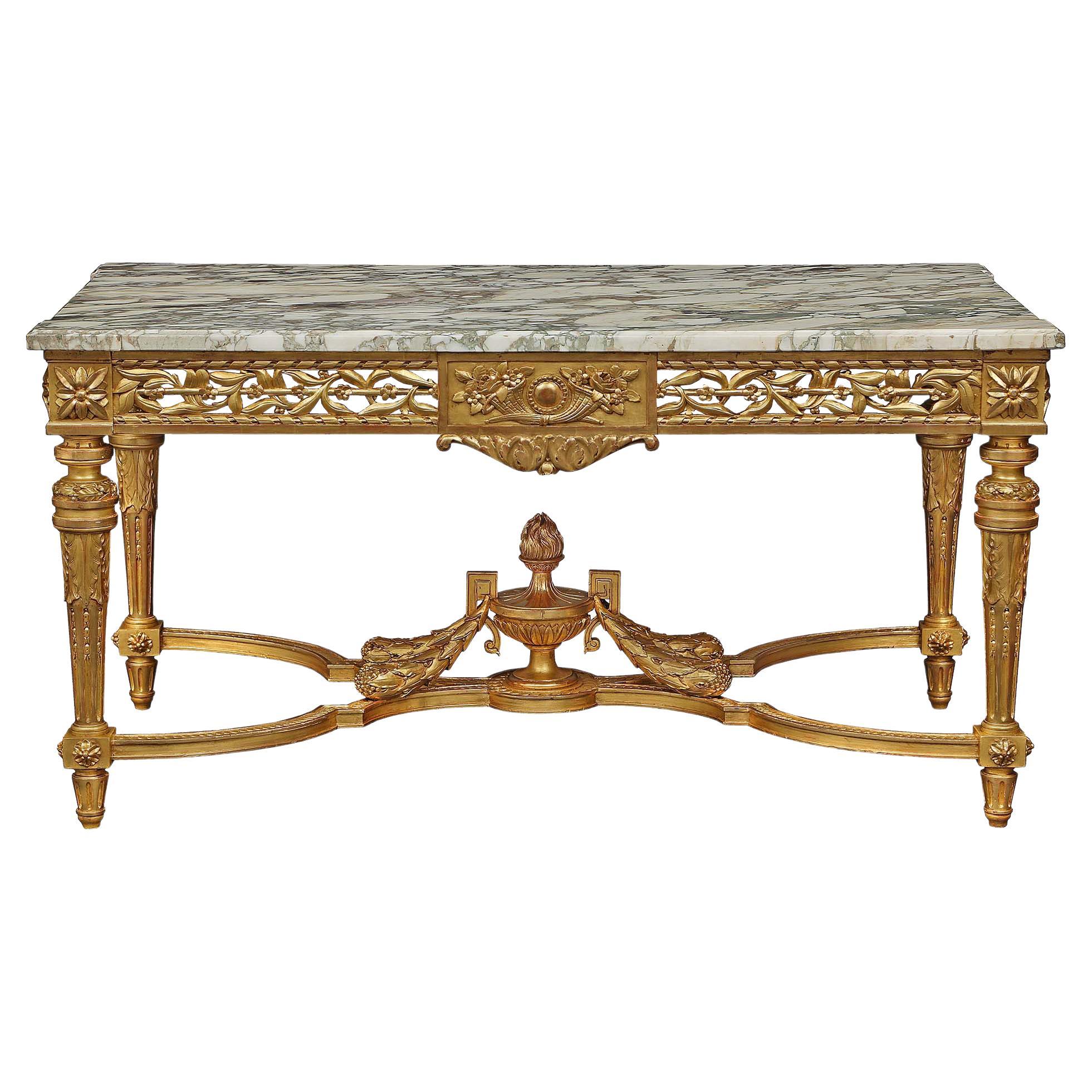 Table centrale française de style Louis XVI du 19ème siècle en bois doré et marbre