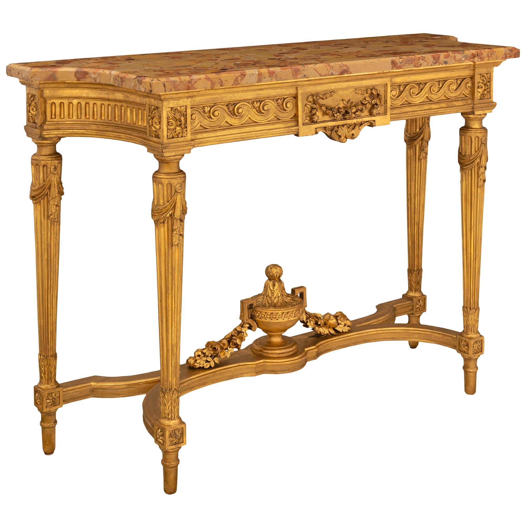 French 19th Century Louis XVI Style Giltwood and Marble Freestanding Console In Good Condition For Sale In West Palm Beach, FL