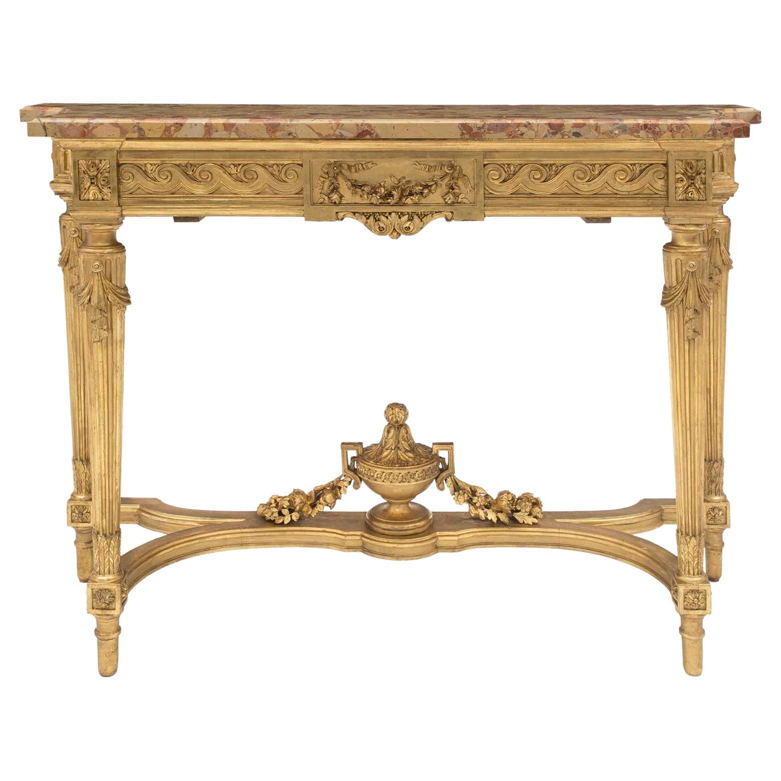 Consola independiente francesa del siglo XIX, estilo Luis XVI, de madera dorada y mármol en venta 5