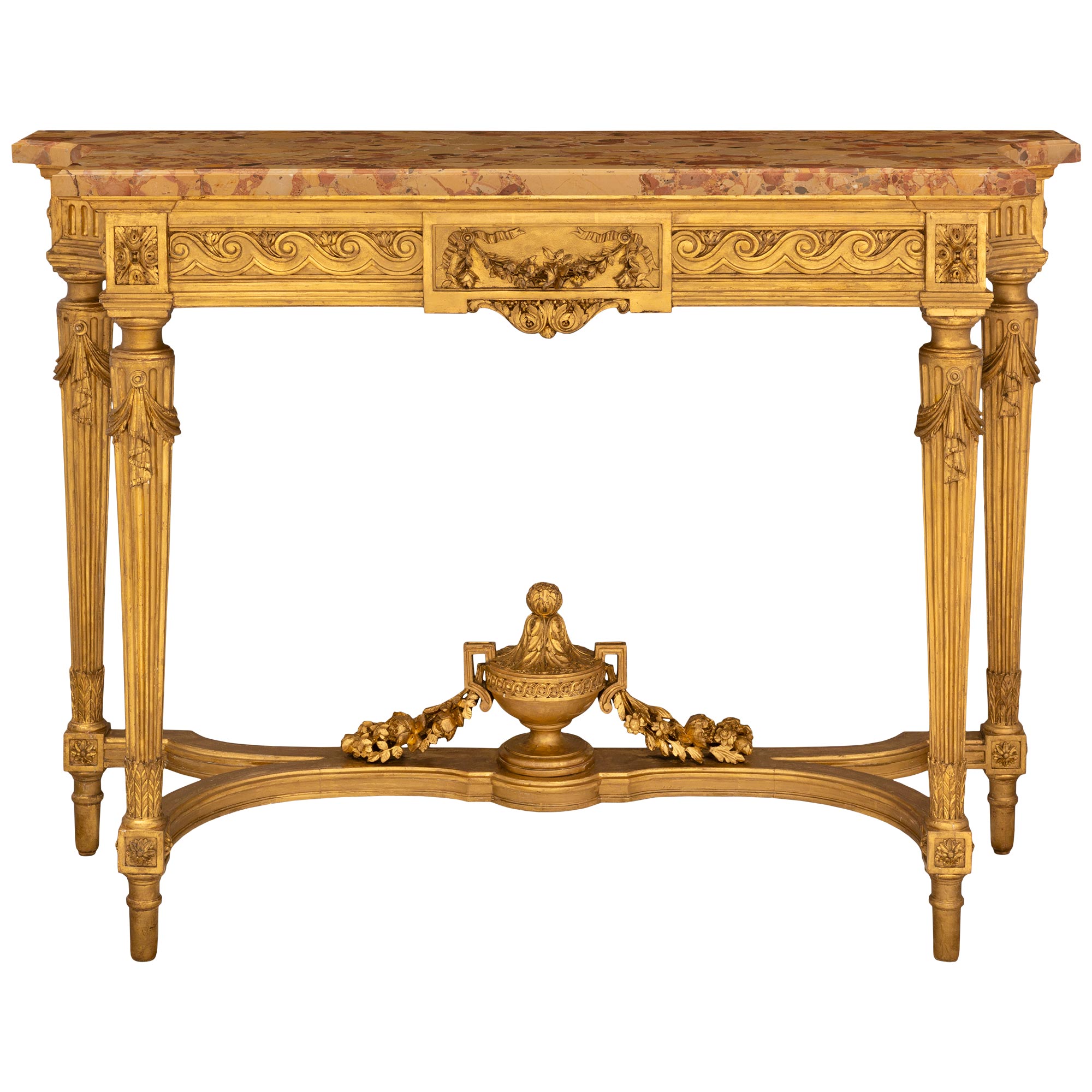 Console indipendente francese del XIX secolo in stile Luigi XVI in legno dorato e marmo