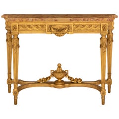 Console indipendente francese del XIX secolo in stile Luigi XVI in legno dorato e marmo