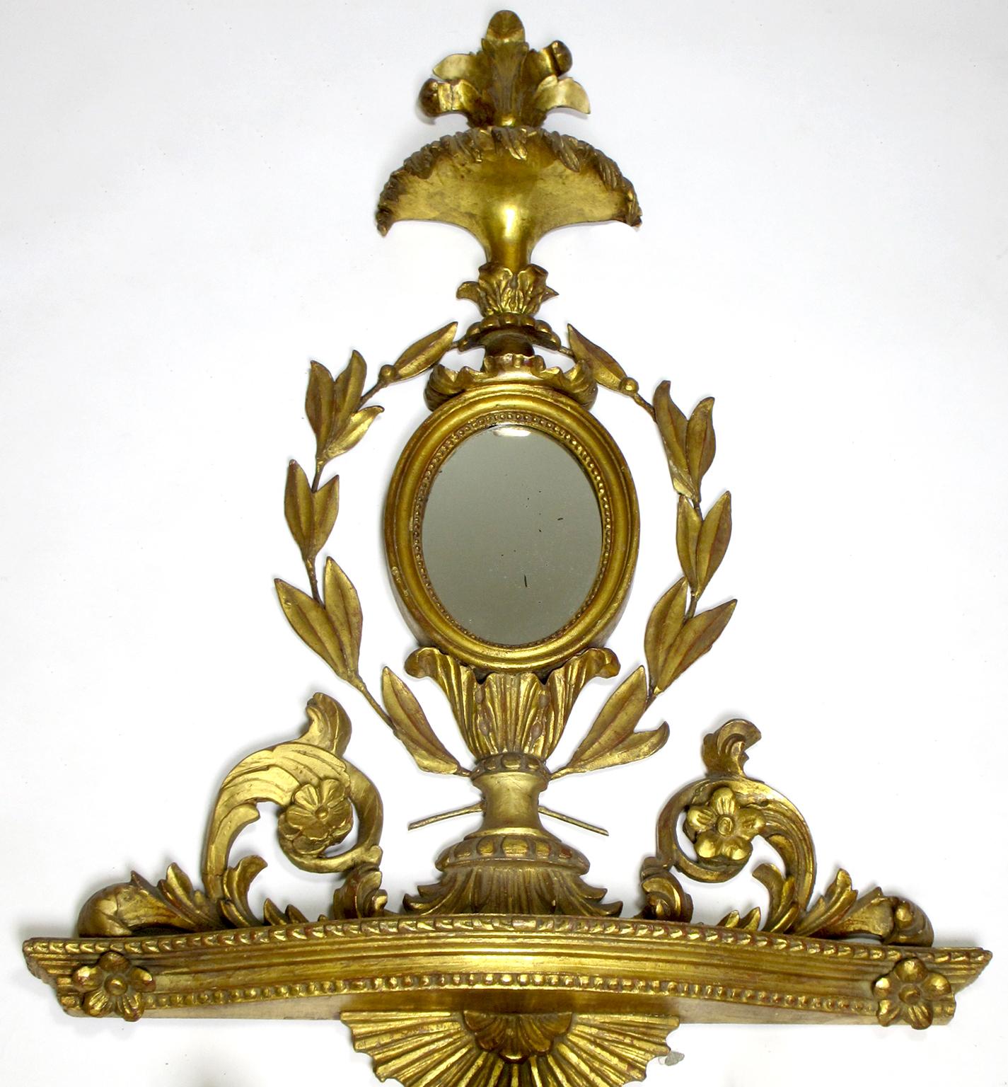 French 19th Century Louis XVI Style Giltwood Carved Sconce Mirror and Candelabra In Fair Condition For Sale In Los Angeles, CA