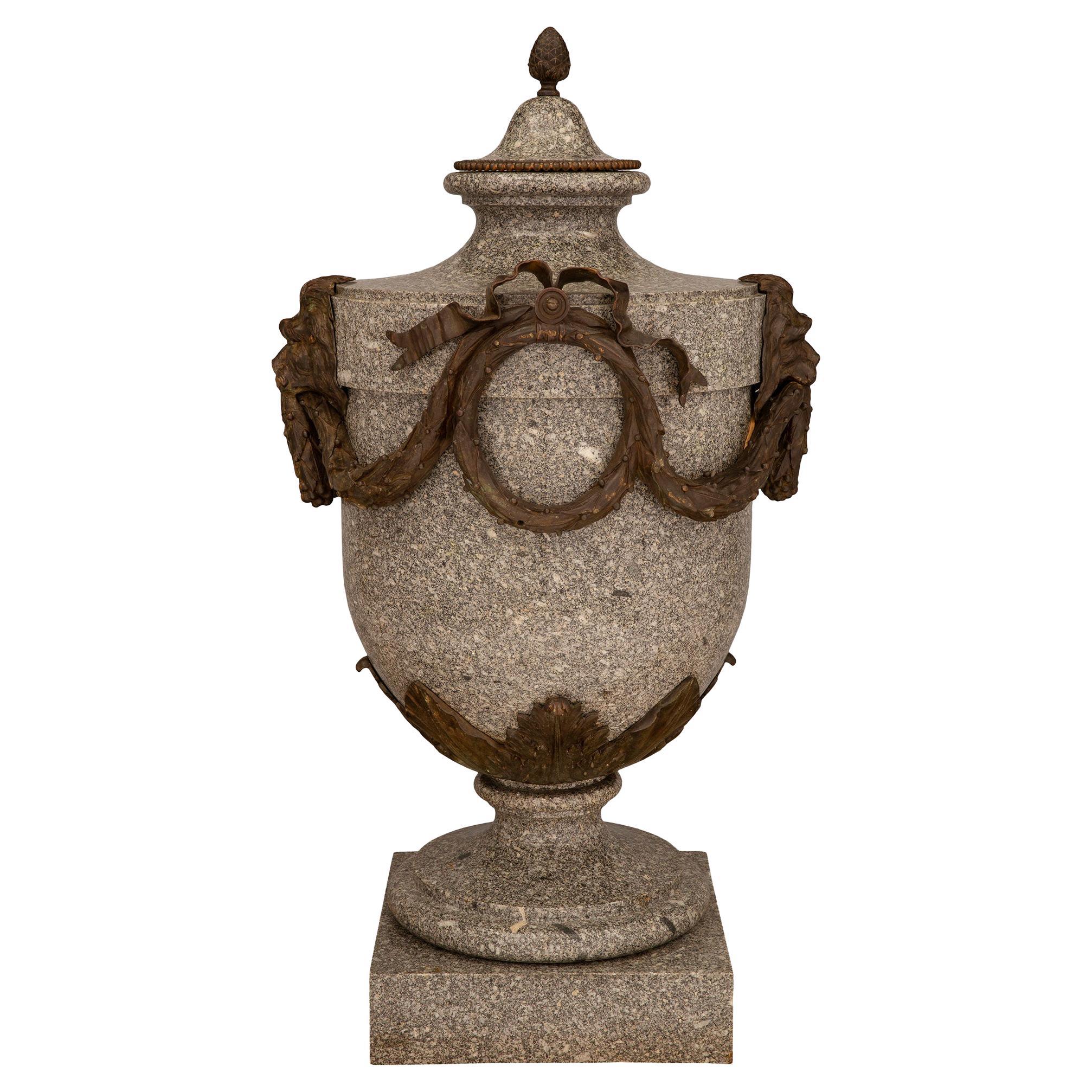 French 19th Century Louis XVI Style Granite and Patinated Bronze Lidded Urn For Sale